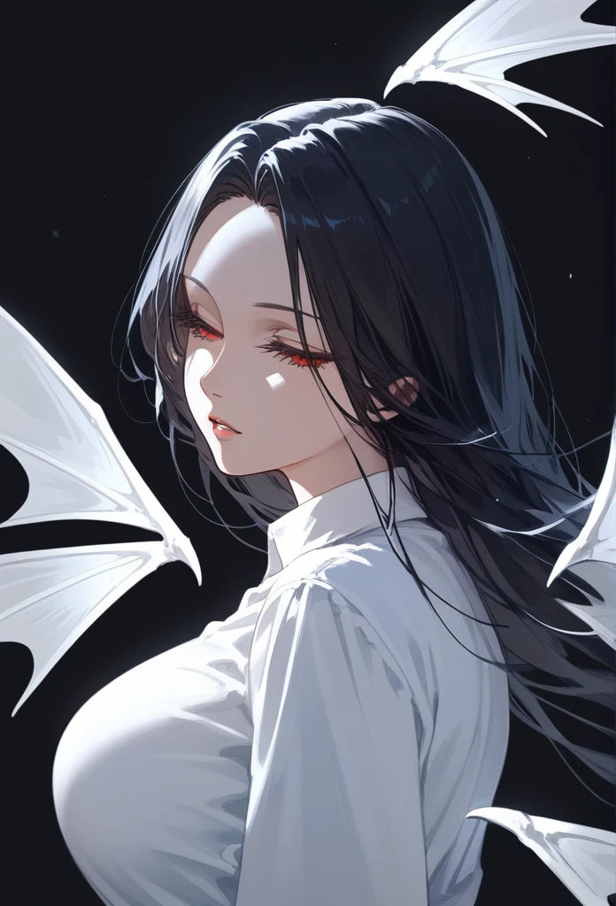 masterpiece, score_9, score_8_up, score_7_up, rear view, 1 girl, alone, black hair, long hair, parted bangs, dark red eyes, half-closed eyes, parted lips, Expressionless, pale skin, large breasts, upper body, a black V-neck shirt (2 big demon wings), folded wings, beautiful wings, black background, best quality