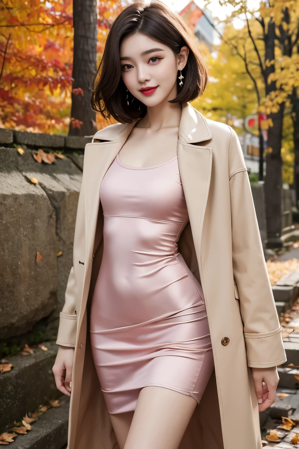 best quality, 4K, 8K, detailed face, clear face, full body shot,Beautiful girl, korean makeup, red lips, Laughing, perfect body,short hair that reaches shoulder length,small,Leg length,slim,thin, girl wearing a long and wide coat, There is a dress under the jacket., lower abdomen, fallen leaves, Maple, distance,