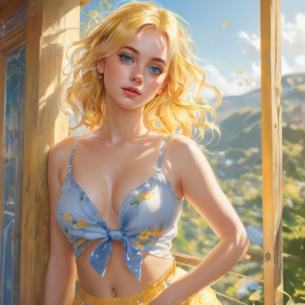 (finely detailed beautiful eyes and detailed face,masterpiece sidelighting,masterpiece,best quality,detailed,high resolution illustration),, (1 depraved girl,whole body,short sundress,lustrous skin,looking down,looking at viewer), (yellow hair,blue eyes,ribbon, sheer clothes), (clothed_underbust:1.2),underboob