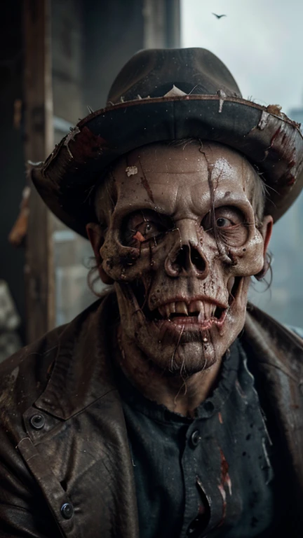 ((Decay skin)) Old zombie man, male, older male figure, ((skull face)), dreary, magnificent, fog, low key, at night, (RAW photo, 4K, Realistic, Exquisitely Detailed Skin), Masterpiece, Best quality, offcial art, Unity 8k wallpaper, Ultra detailed, Cinematic light , detaile zombie face,((bloody mouth)), rincled skin, decay skin, detailed decay skin, sitting down, legs crossed, brown skin, looking at the camera, grey long beard, dirty red and black flannel shirt, old black cowboy hat, old looking decay cowboy hat, masterpiece, best quality, extremely detailed eyes, cinematic lightning, intricate detail, highres, official art, finely detailed face, high resolution illustration, 8k, depth of field, solo, zombie, short white hair and blue eyes, short white hair, detailed blue eyes, chaotic city, upper body, looking at viewer, superb portrait, post apocalyptic background, zombie decay skin, detailed face decay, decay, terror,((skull decay face)) scary looking, extremely detailed eyes, extremely realistic photo, extreme terror, midnight moon, ((long white beard)), gothic look older nale zombie (((bloody mouth)))