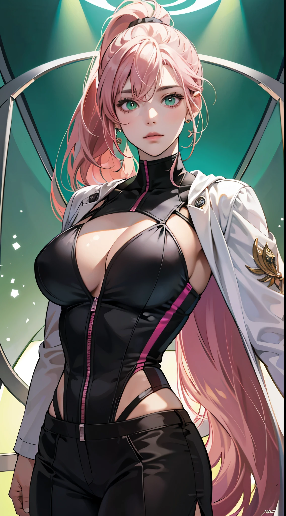 ((best qualtiy)), ((tmasterpiece)) 4K, high resolution, Best quality, Masterpiece, perfect colors, perfectly shaded, Perfect lighting, posted on e621, (by Chunie), anthro, ((Portrait)), ((beautiful woman)), perfect female figure, length detailed hair, pink hair color, left and right ponytail, Big breasts, bigger breasts, Green eyes color, Wear men's shorts,Abusculature,Detailed face, Perfect face, (The stands up), Detailed background, ((Bonifasko lighting)), (Detailed eyes), perfect pupils,suntanned skin, in the tunnel background