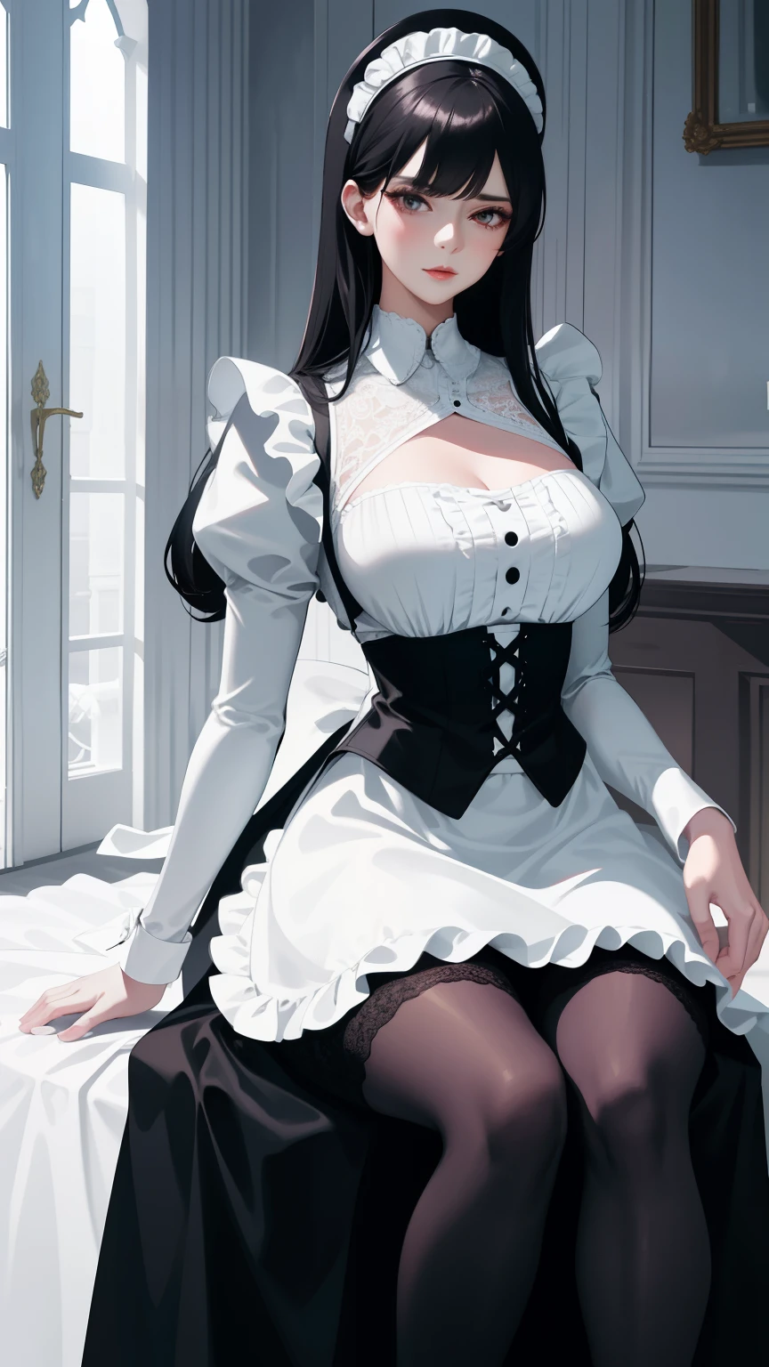 Stunning maid, captivating elegance, slender waist, full voluminous skirt, white blouse with lace details, black apron, white long-stockings, black heels, black lace cap, clean lines, detailed, high resolution, 4K, HDR, stunning, radiant, professional lighting, vibrant colors, soft shadows, sharp focus, realistic, intricate, best quality.