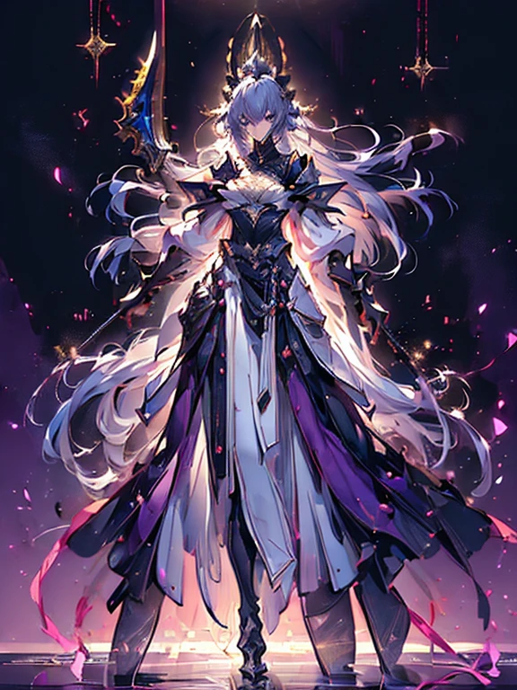 Design a layout showcase Gaming character, (1girl). 
Golden+Purple clothes, stylish and unique. 
((showcase weapon:1.4)), magic staff. 
(masterpiece:1.2), (best quality), 4k, ultra-detailed. 
(Step by step design, layout art:1.5), (luminous lighting, atmospheric lighting). 
magican, ((glove full hands)), (((revealing clothes:1.3))), vambraces, armored legwear, (((full_body_shot:1.4))). 
[Happy:0.5], [Determined:0.5], right-facing.
