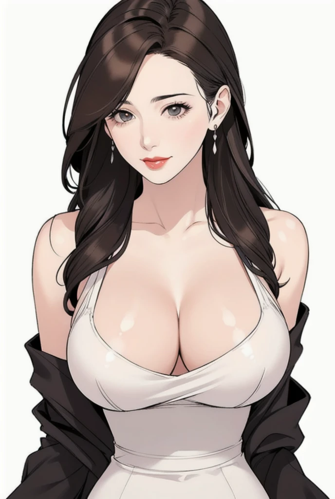 diona shin, standing, portrait, red lips, nsfw,  standing, portrait,  (masterpiece, best quality), solo, looking at viewer, upper body, standing, fw.dona.shin, mature female, sexy, hot, white hair, diona shin, white background, white hair, very soft breast  , soft breast , milf, milf face, tease, detail face, cleavage , large breast, perky breasts, portrait, cowboy shot, square lips, long hair, very long hair, white hair, curly hair, earrings , smirk, chubby , milf, milf face, fantasy cloth, sexy