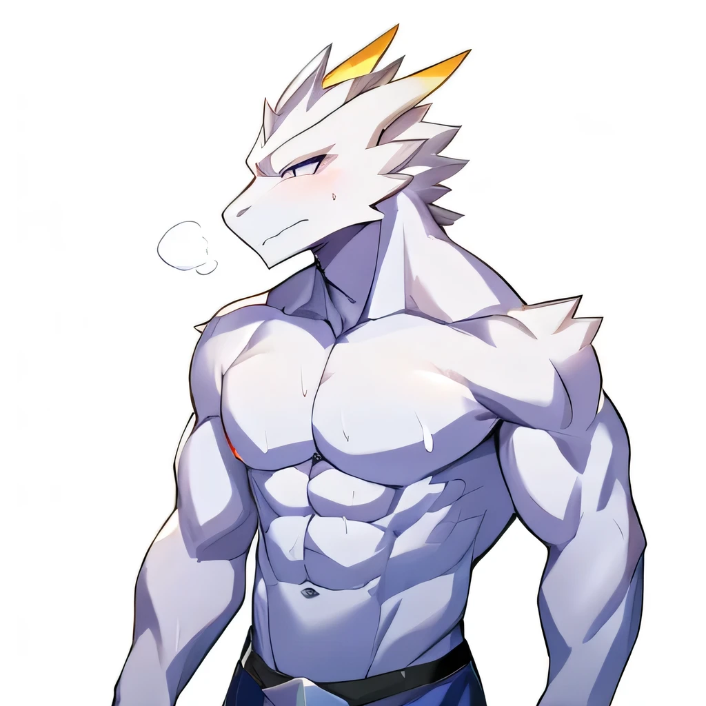 Thin macho white dragon abs Hollow abs thick arms chest rig 、sweaty skin glow profile Wearily short of breath clenching one's back teeth Knees on the floor rubber suit