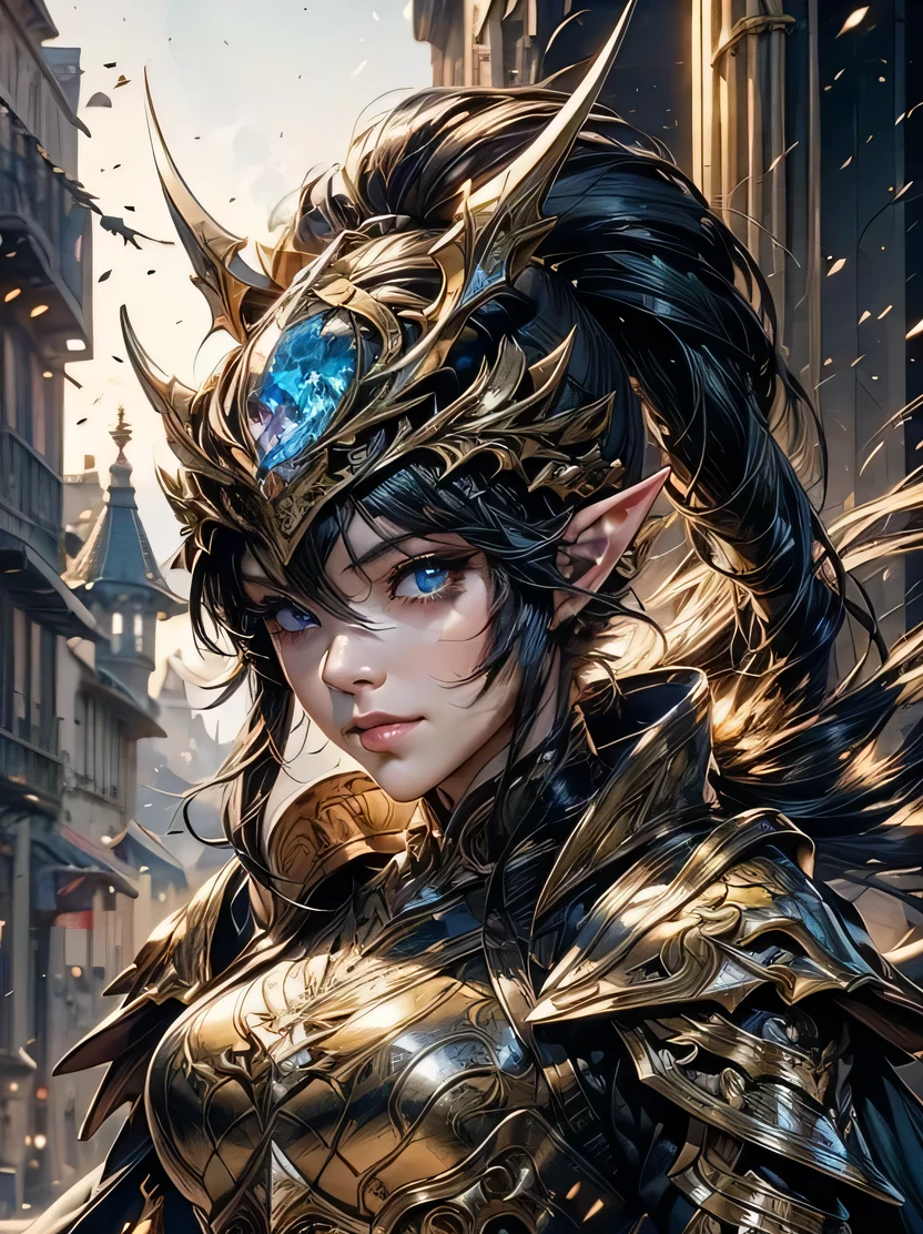 ((masterpiece、highest quality、Super detailed、High resolution、Sharp focus))、((One Girl、Mature Woman、Brightness of the face、Bust Shot))、Focus from the neck up、30 year old female elf、Slim figure、Black hair ponytail、Captivating blue eyes、Sharp eyes、A black cloak made of flowing fabric、Black leather armor and leggings、Black Knight Armor、Knight's helmet covering the entire face、Multiple enemy soldiers approaching from behind、Burning cityscape and medieval castle、Vibrant colors、View your viewers、Detailed hand drawing、Combat Ready、Dynamic Movement