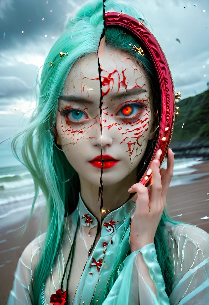 Create a high-quality, 8K ultra-high resolution image of a woman with long, light blue hair standing on a beach, holding a mirror. She is looking at her reflection, which has a blurred face and is gazing directly at the viewer, conveying an eerie and melancholic aura. The background features a breathtaking, overcast sky in shades of gold, red, and orange, adorned with visible galaxies and stars, adding to the somber and otherworldly mood of the scene. Use high contrast and low saturation to emphasize the detailed anatomy-based character design and the emotional depth of the composition.