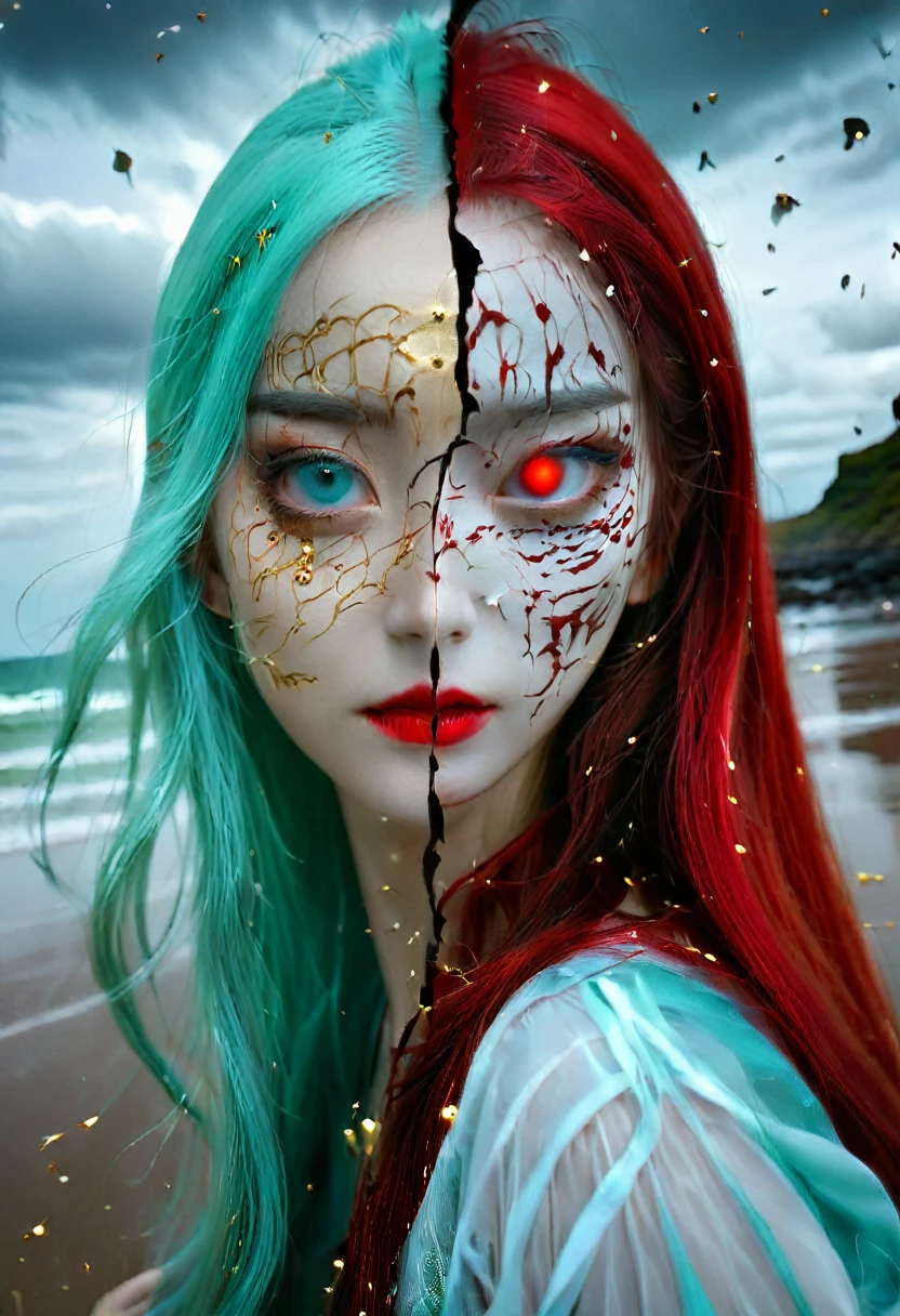 Create a high-quality, 8K ultra-high resolution image of a woman with long, light blue hair standing on a beach, holding a mirror. She is looking at her reflection, which has a blurred face and is gazing directly at the viewer, conveying an eerie and melancholic aura. The background features a breathtaking, overcast sky in shades of gold, red, and orange, adorned with visible galaxies and stars, adding to the somber and otherworldly mood of the scene. Use high contrast and low saturation to emphasize the detailed anatomy-based character design and the emotional depth of the composition.