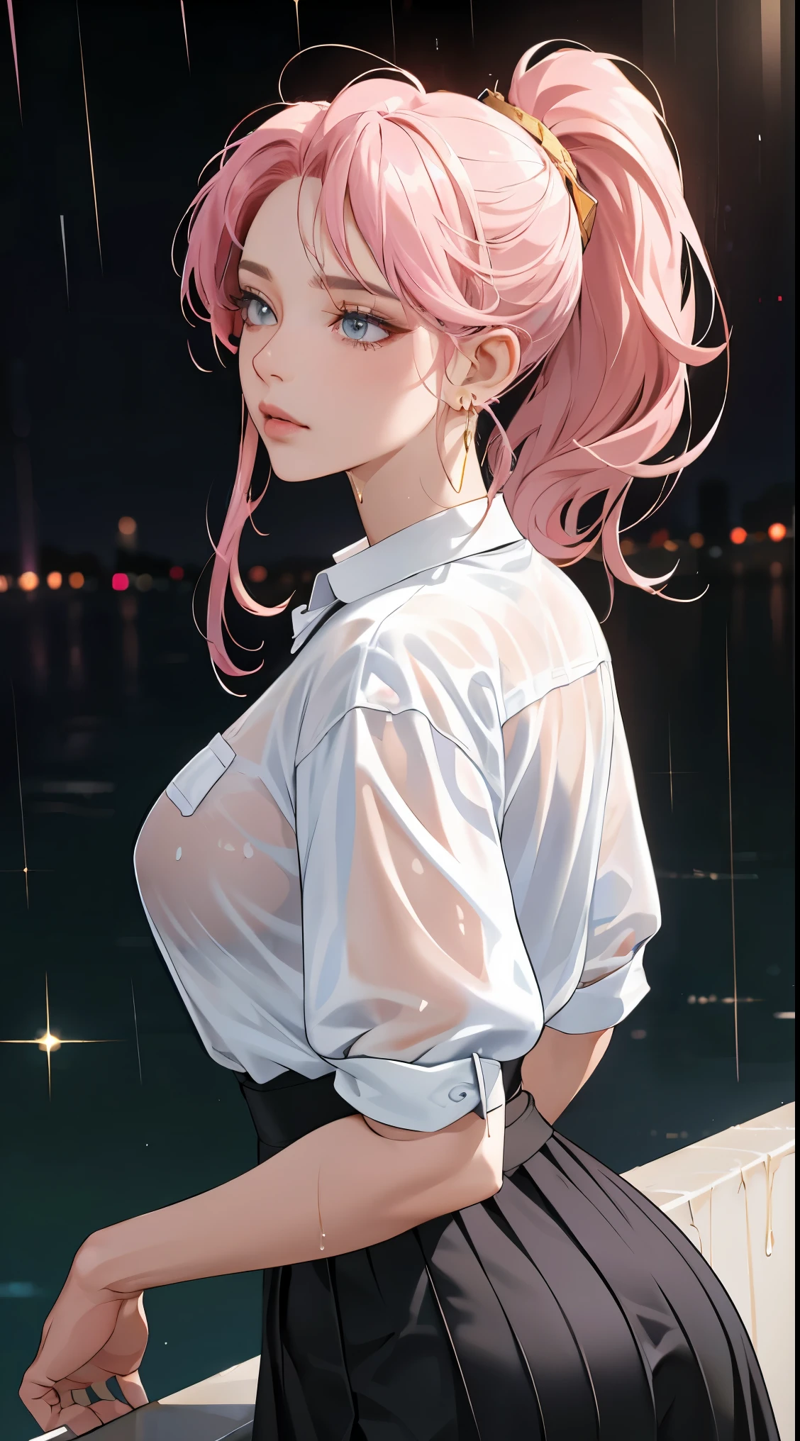 (best quality:1.5, highres, UHD, 4K, detailed lighting, shaders), Pink haired, gradient hair, large breasts, transparent suit, Length hair, ponytail hair, transparent gray shirt, transparent social shirt, transparent short skirt, mature woman , (pov), white background, colorful eyeshadow, dramatic lighting, sparkling eyes, sensual expression, golden earrings, flowing hair, delicate facial features, dark skin, high cheekbones, raining, urban setting, white background, dont look for the camera, lean forward, view from behind, wet  by the rain.