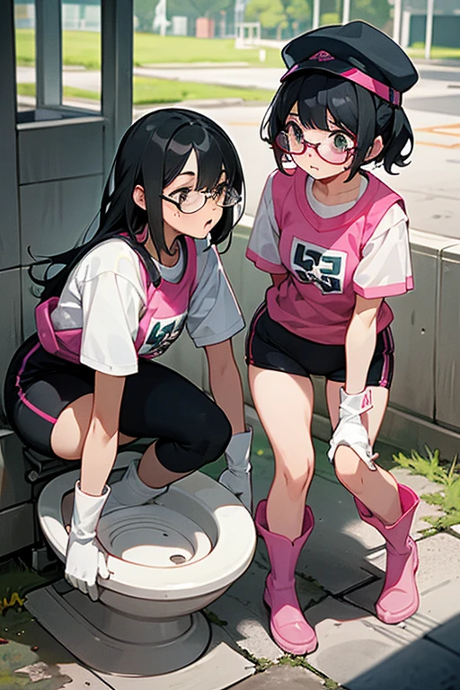 A pair of elementary school girls wearing long pink rubber gloves and white rubber boots are squatting down to pick up trash in a schoolyard in midsummer, wearing short-sleeved gym clothes and shorts, with black hair tied up and glasses smile