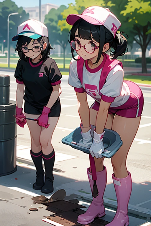 A pair of ugly elementary school girls with black hair and glasses wearing short-sleeved gym clothes, white rubber boots, oversized pink rubber gloves, and gym caps on their heads, cleaning a dirty public toilet in a park while playing around.