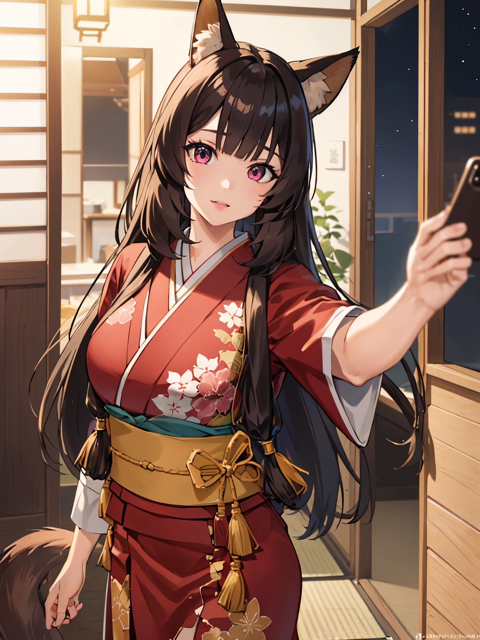 (Best quality), (extremely detailed CG Unity 8k wallpaper), (very detailed), ((absurdity)), Detailed beautiful eyes,
Raphtalia, Red eyes, black hair, fox tail, fox ears, 1 girl, Wearing kimono, red kimono, big breast,in bedroom,selfie, at night, Japanese house