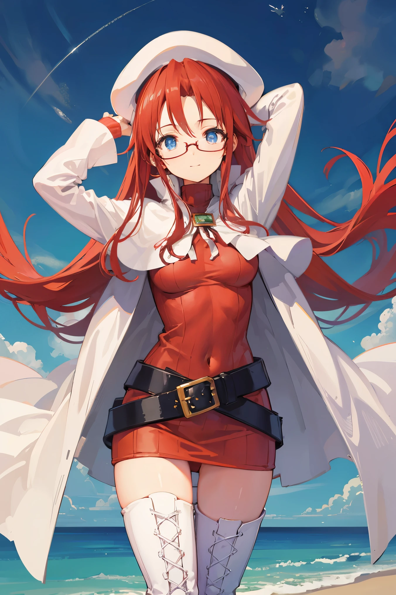 summonnightaty, aty, (young:1.3),long hair, blue eyes, red hair, large_beret, hat, glasses,
BREAK long hair, thighhighs, hat, dress, boots, glasses, belt, cape, sweater, zettai ryouiki, beret, thigh boots, white footwear, ribbed sweater, loose belt,solo,
BREAK outdoors, fantasy,on_beach
,Highquality_hads,perfect_fingers,
BREAK (masterpiece:1.2), best quality, high resolution, unity 8k wallpaper, (illustration:0.8), (beautiful detailed eyes:1.6), extremely detailed face, perfect lighting, extremely detailed CG, (perfect hands, perfect anatomy),covered_nipples,covered_navel ,half_eyes,long_sword,sleepy,standing,red_sweater,apart_knees,magical_effect,spread_legs, have_a_book,teacher,rise_knee,Smile,rise_hand,look_down_viewer,spread_arms,