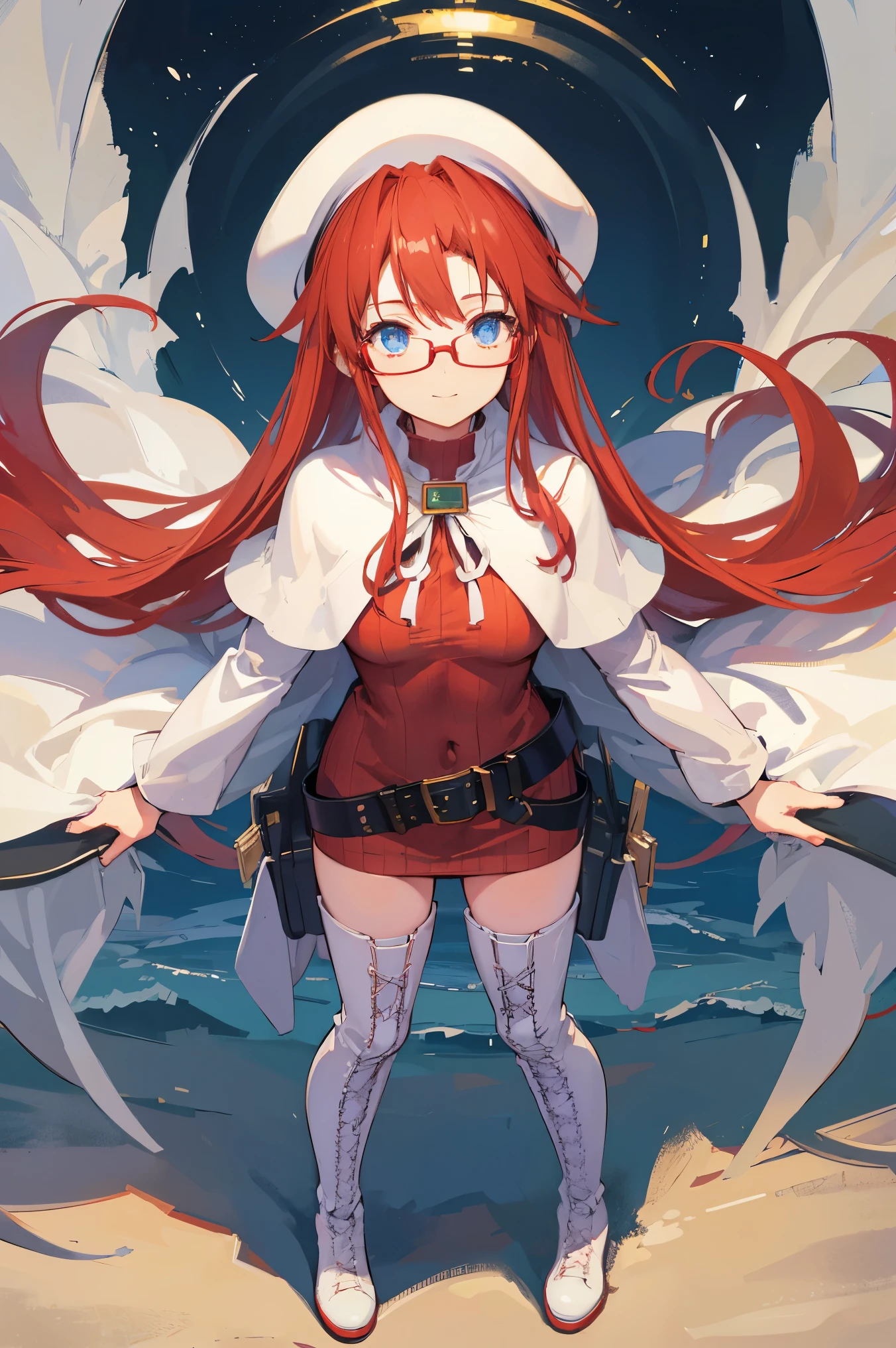 summonnightaty, aty, (young:1.3),long hair, blue eyes, red hair, large_beret, hat, glasses,
BREAK long hair, thighhighs, hat, dress, boots, glasses, belt, cape, sweater, zettai ryouiki, beret, thigh boots, white footwear, ribbed sweater, loose belt,solo,
BREAK outdoors, fantasy,on_beach
,Highquality_hads,perfect_fingers,
BREAK (masterpiece:1.2), best quality, high resolution, unity 8k wallpaper, (illustration:0.8), (beautiful detailed eyes:1.6), extremely detailed face, perfect lighting, extremely detailed CG, (perfect hands, perfect anatomy),covered_nipples,covered_navel ,half_eyes,long_sword,sleepy,standing,red_sweater,apart_knees,magical_effect,spread_legs, have_a_book,teacher,rise_knee,Smile,rise_hand,look_down_viewer,spread_arms,
