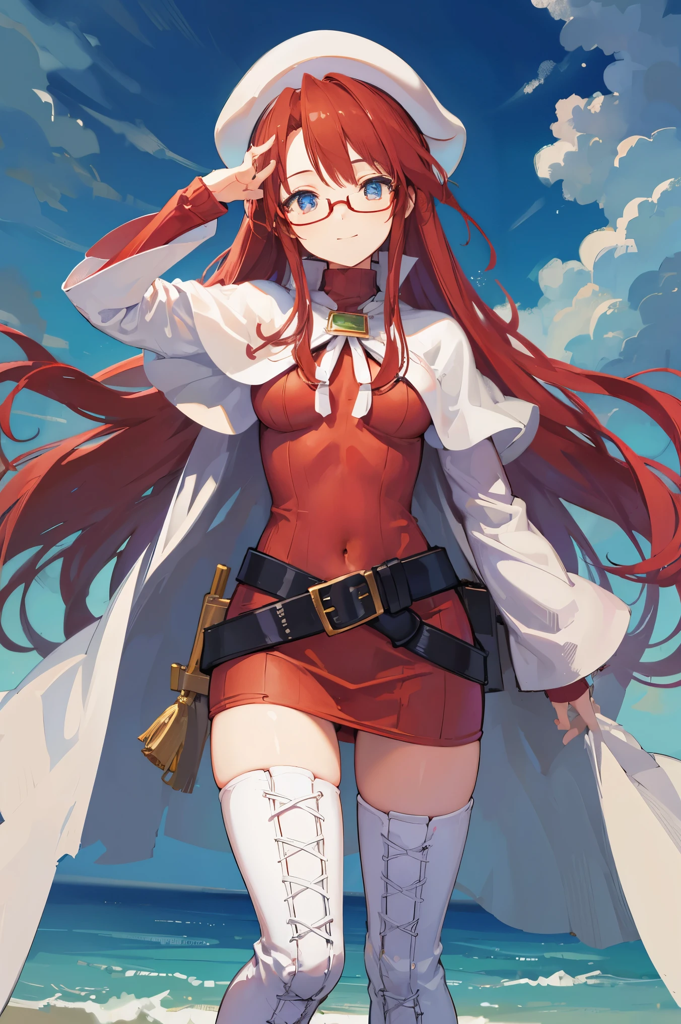 summonnightaty, aty, (young:1.3),long hair, blue eyes, red hair, large_beret, hat, glasses,
BREAK long hair, thighhighs, hat, dress, boots, glasses, belt, cape, sweater, zettai ryouiki, beret, thigh boots, white footwear, ribbed sweater, loose belt,solo,
BREAK outdoors, fantasy,on_beach
,Highquality_hads,perfect_fingers,
BREAK (masterpiece:1.2), best quality, high resolution, unity 8k wallpaper, (illustration:0.8), (beautiful detailed eyes:1.6), extremely detailed face, perfect lighting, extremely detailed CG, (perfect hands, perfect anatomy),covered_nipples,covered_navel ,half_eyes,long_sword,sleepy,standing,red_sweater,apart_knees,magical_effect,spread_legs, have_a_book,teacher,rise_knee,Smile,rise_hand,look_down_viewer,spread_arms,