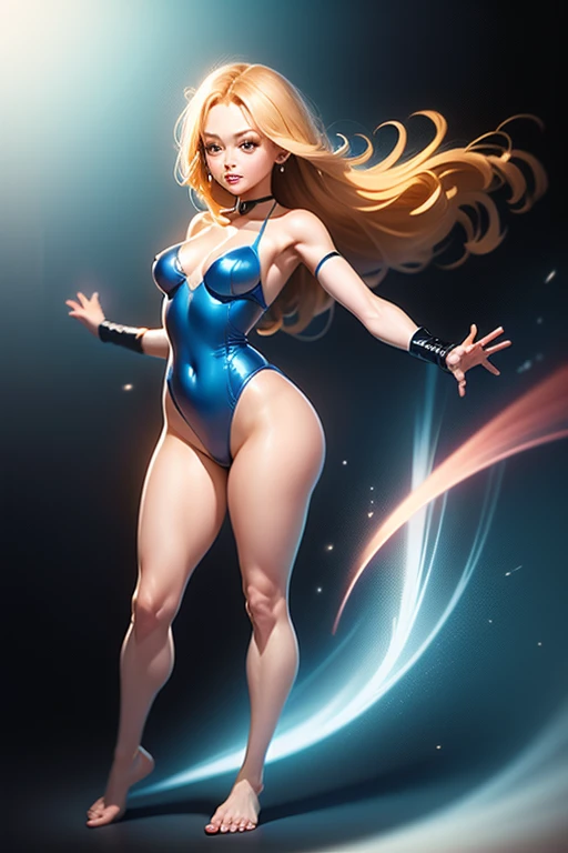 masterpiece, highest quality, High resolution, One girl, alone, Superhero, leotard, barefoot, boots, matching boots, aura, blue aura, No sleeve, gloves, bracelet, matching gloves, View Viewer, Particles of light, Space Background, Perfect hands, Perfect Eyes, Power ups, perfect leotard, Perfect Legs, Perfect Arms, Perfect Fingers, blue and white leotard, Blonde Hair, blue eyes, Medium chest, Long Hair, spinning, tornado spin, Whirlwind Spin, Wind particles, Vortex of Light, tornado, Hurricane Rotation, time travel, tornado winds, Cyclone Spin, Are standing,