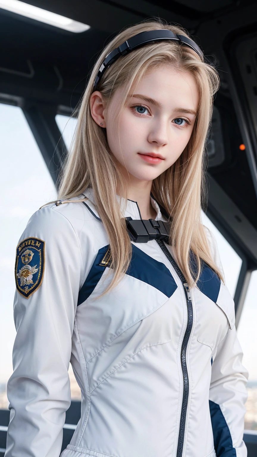 ((best quality)), photorealistic, photorealism, Photorealistic, high resolution, Beautiful, Baby Face, 17 Years Old, White Skin, pale skin, Medium breast, Combat pose, looking at the camera, (Detailed face), curtain hair, blonde hair, (wearing pilot suit, high-tech headware, mecha suit), (cloths color based on black), Fingers are occluded, concrete space ship background,