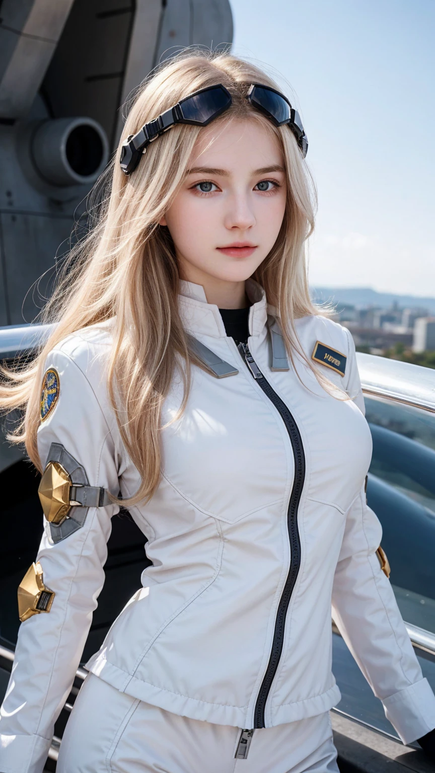 ((best quality)), photorealistic, photorealism, Photorealistic, high resolution, Beautiful, Baby Face, ************, White Skin, pale skin, Medium breast, Combat pose, looking at the camera, (Detailed face), curtain hair, blonde hair, (wearing pilot suit, high-tech headware, mecha suit), (cloths color based on black), Fingers are occluded, concrete space ship background,