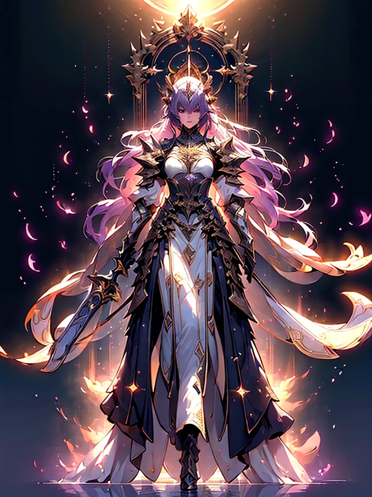 Design a layout showcase Gaming character, (1girl). 
Golden+Purple clothes, stylish and unique. 
((showcase weapon:1.4)), magic staff. 
(masterpiece:1.2), (best quality), 4k, ultra-detailed. 
(Step by step design, layout art:1.5), (luminous lighting, atmospheric lighting). 
magican, ((glove full hands)), (((revealing clothes:1.3))), vambraces, armored legwear, (((full_body_shot:1.4))). 
[Happy:0.5], [Determined:0.5], right-facing.
