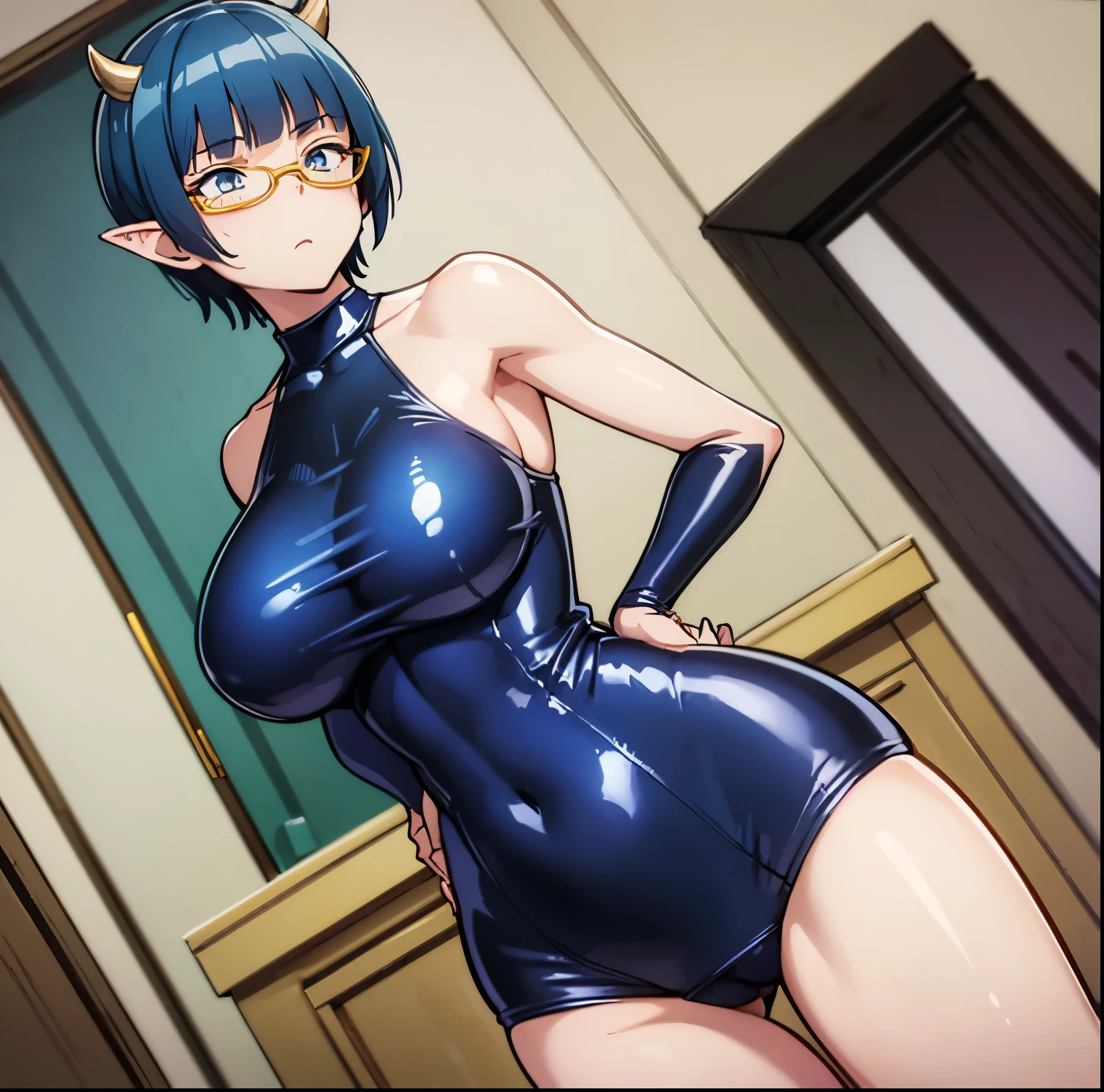 1 girl, alone, Zenia, (masterpiece: 1.3), (detailed), (best quality), detailed face and eyes, blue eyes, (solo), skin, pointed ears, yellow glasses, horns, short hair, blue hair , big breasts, medium waist, wide hips, medium thighs, round butt, standing, room, bedroom, from behind, looking at viewer, pov (from below), (hand on ass: 1.2), (huge ass: 1.2 ), dark blue latex suit, tight suit, cleavage, bare shoulders, bare legs, blushing, embarrassed, perfect hands, perfect anatomy