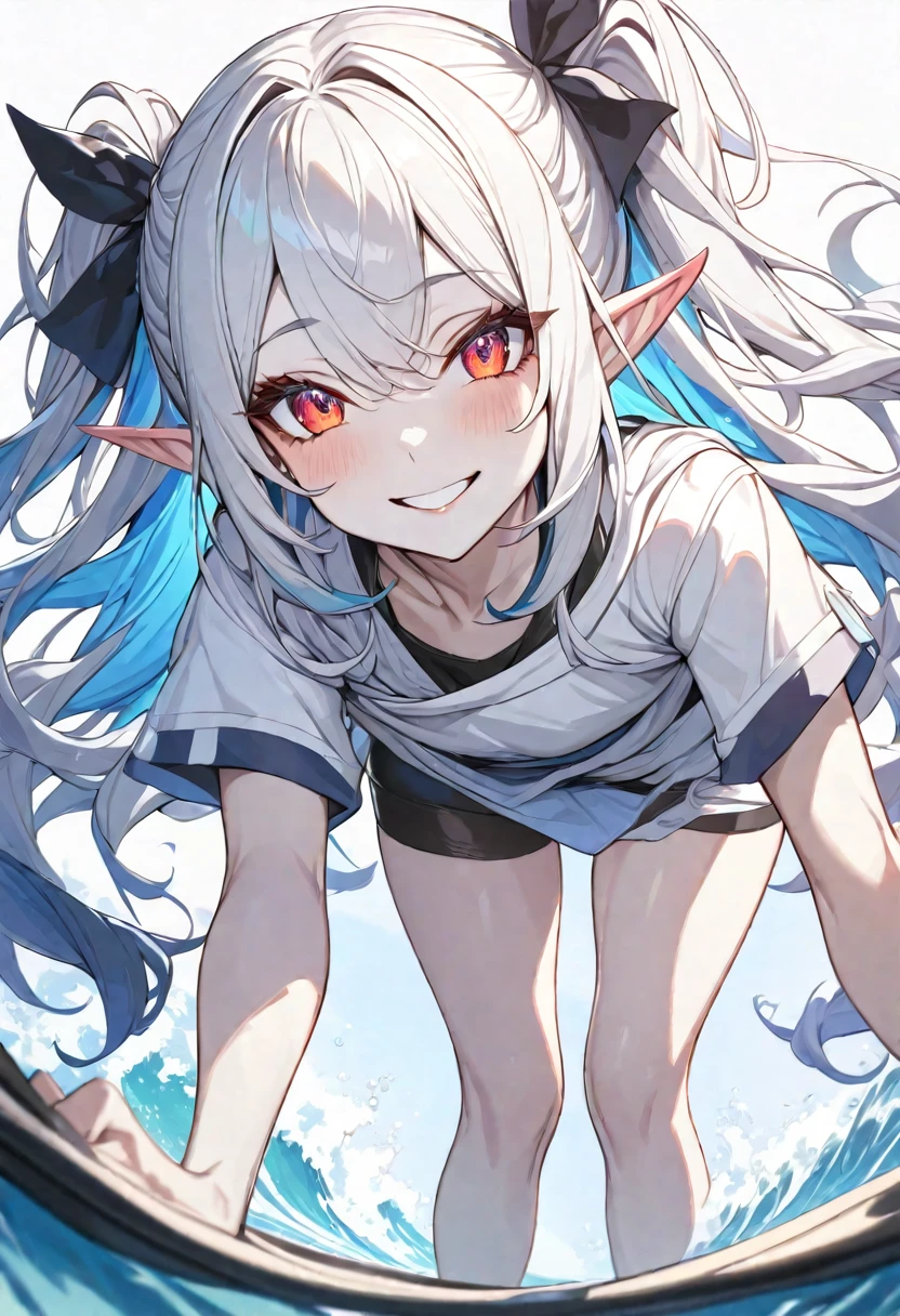 solo, handsome, masterpiece, best quality, ultra detailed, insanely detailed, FHD, 8K, absurdres, female, , 2 girls, elf, dark elf, delightful, blissful, cheerful, smiling, bending over, looking at viewer, long hair, twintail, side tail, two side up, bob, wave hair, black hair, silver hair, two-tone hair, red eyes, blue eyes, big eyes, pale skin, wheatish skin, , undone clothing, hair ribbon, white background, in the sky