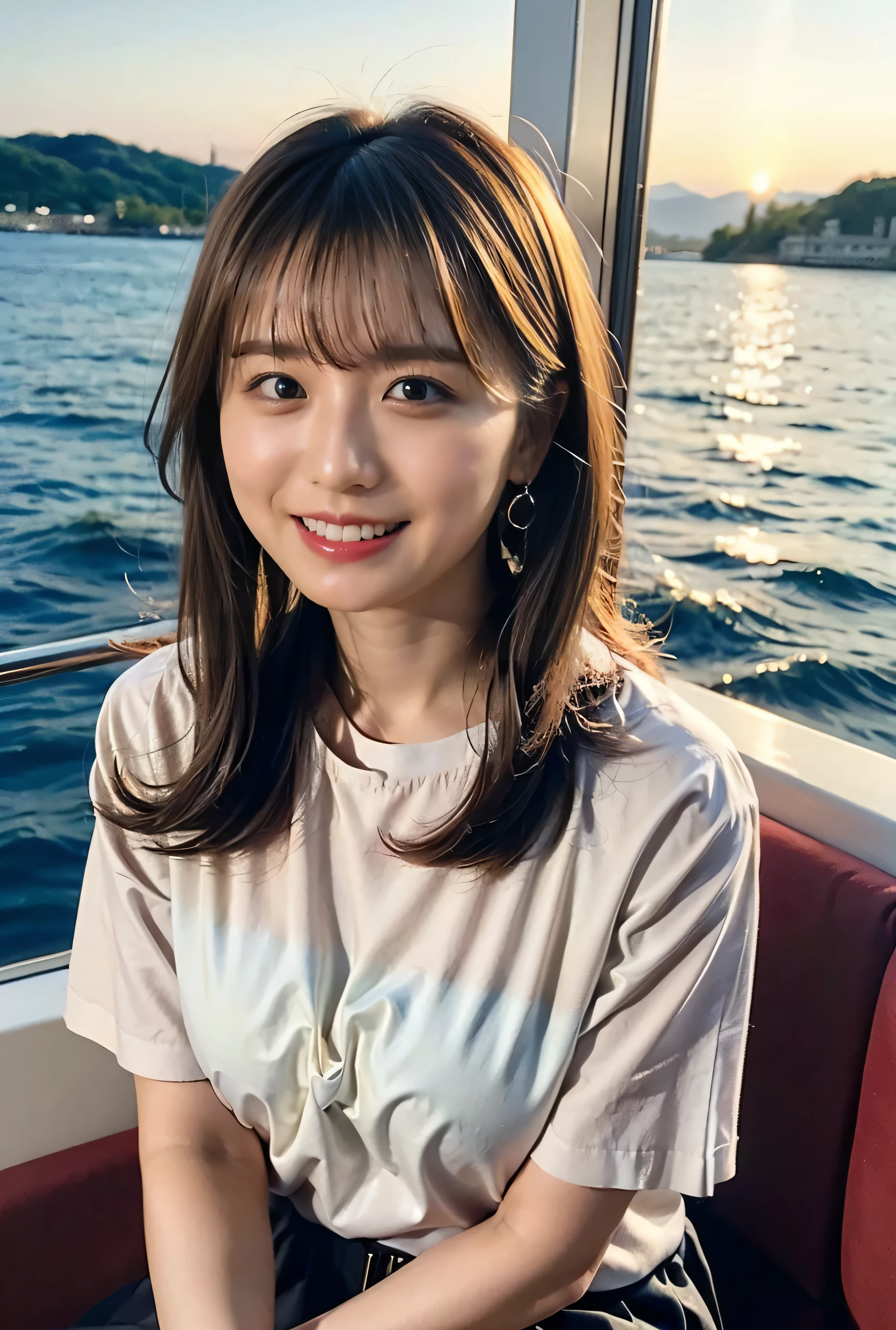 Side Ponytail、Brown Hair、The sky was dyed red、A woman in a cute outfit is sitting on a boat and watching the sunset、Her huge breasts are obvious even through her clothes.、The shining sun is so beautiful、Dusk is coming、Lens flare、I can see the sun setting、（（Sunlight reflecting off the ocean、Ocean View、The sun shines on the sea、&#39;beautiful.、Small earrings、It&#39;evening、Birds are also flying、、Brown Hair Color、Tie your hair、The woman is on the right:1.4））、Luxury Leather Belts、Shiny clothes、Light beige hair color、Background Blur、Braid only the front hair、Light brown hair、｛｛Cowgirl Shot｝｝、（（Close-up shot from the waist up、Big Breasts:1.4））、Big Breasts、Smile、Silk clothing、Big Breasts that can be seen even through clothes、Braid only the front hair、Cowboy Shot、Gorgeous white collared silk shirt and brown skirt、Dress elegantly、Luxury Bags、A lovely smile、（（airplane in the background、I&#39;Coming to the airport））、Full body photo、ring、Short skirt、Tuck your hair behind one ear、Silver Necklace、smile、 Elegant ponytail、Caustics、Highly detailed photos、Very beautiful and ideal short hair、Big Breasts、Super no makeup、(8k、RAW Photos、highest quality、masterpiece:1.2)、(Realistic、Realistic)、1 girl、((Big Breastsショートヘア、Looking into the camera:1.4))、Hair blowing in the wind
