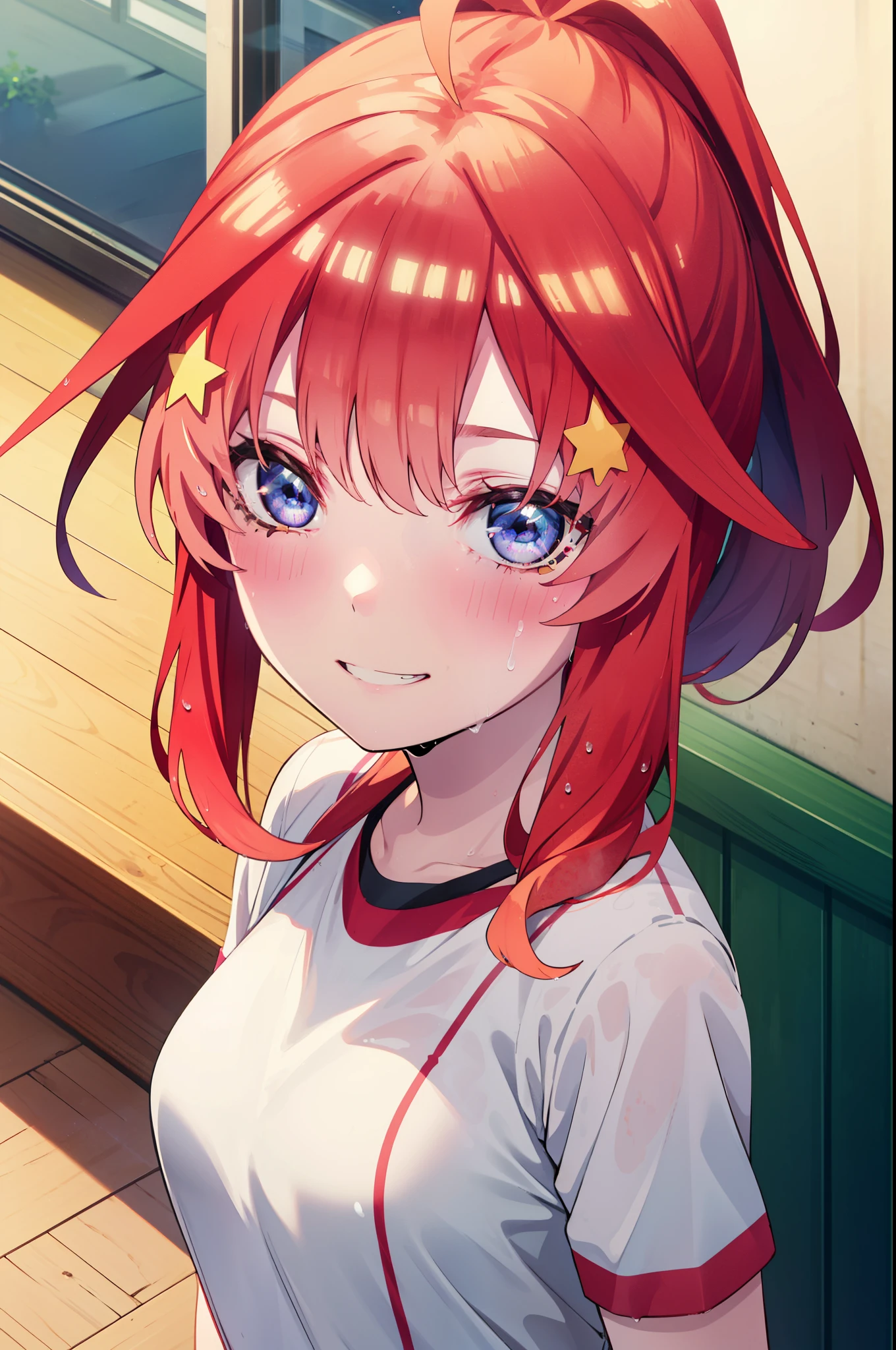 itsukinakano, Itsuki Nakano, bangs, blue eyes, Hair between the eyes, Ahoge, Redhead, star \(symbol\), hair ornaments, star hair ornaments,ponytail, smile, Grin,smile,Sweat,Wet Skin,Wet clothes,Sportswear,Bloomers,sneakers,whole bodyがイラストに入るように,Are standing,
break indoors ,School,gym,
break looking at viewer, whole body,
break (masterpiece:1.2), highest quality, High resolution, unity 8k wallpaper, (shape:0.8), (Beautiful details:1.6), Highly detailed face, Perfect lighting, Extremely detailed CG, (Perfect hands, Perfect Anatomy),