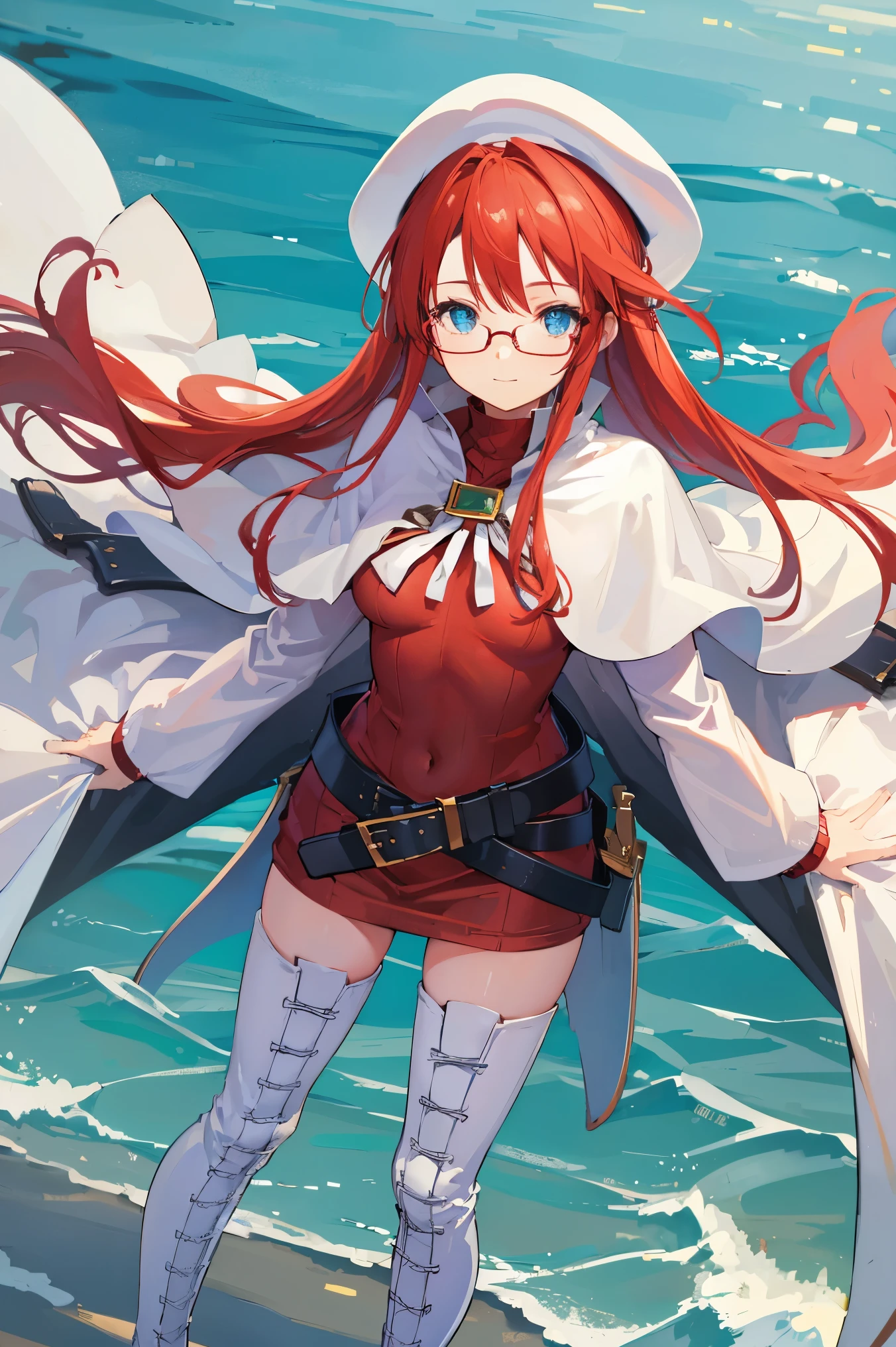 summonnightaty, aty, (young:1.3),long hair, blue eyes, red hair, large_beret, hat, glasses,
BREAK long hair, thighhighs, hat, dress, boots, glasses, belt, cape, sweater, zettai ryouiki, beret, thigh boots, white footwear, ribbed sweater, loose belt,solo,
BREAK outdoors, fantasy,on_beach
,Highquality_hads,perfect_fingers,
BREAK (masterpiece:1.2), best quality, high resolution, unity 8k wallpaper, (illustration:0.8), (beautiful detailed eyes:1.6), extremely detailed face, perfect lighting, extremely detailed CG, (perfect hands, perfect anatomy),covered_nipples,covered_navel ,half_eyes,long_sword,sleepy,standing,red_sweater,apart_knees,magical_effect,spread_legs, have_a_book,teacher,rise_knee,Smile,rise_hand,look_down_viewer,spread_arms,