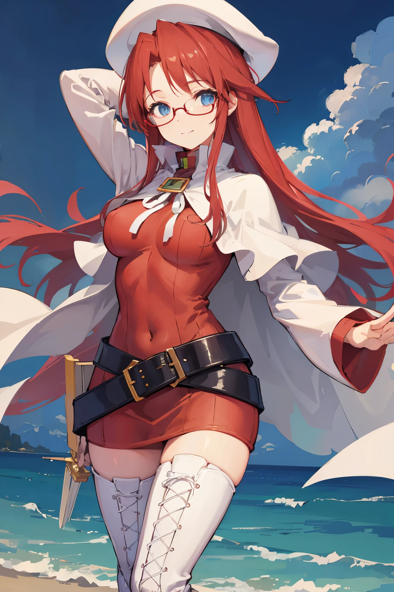 summonnightaty, aty, (young:1.3),long hair, blue eyes, red hair, large_beret, hat, glasses,
BREAK long hair, thighhighs, hat, dress, boots, glasses, belt, cape, sweater, zettai ryouiki, beret, thigh boots, white footwear, ribbed sweater, loose belt,solo,
BREAK outdoors, fantasy,on_beach
,Highquality_hads,perfect_fingers,
BREAK (masterpiece:1.2), best quality, high resolution, unity 8k wallpaper, (illustration:0.8), (beautiful detailed eyes:1.6), extremely detailed face, perfect lighting, extremely detailed CG, (perfect hands, perfect anatomy),covered_nipples,covered_navel ,half_eyes,long_sword,sleepy,standing,red_sweater,apart_knees,magical_effect,spread_legs, have_a_book,teacher,rise_knee,Smile,rise_hand,look_down_viewer,spread_arms,