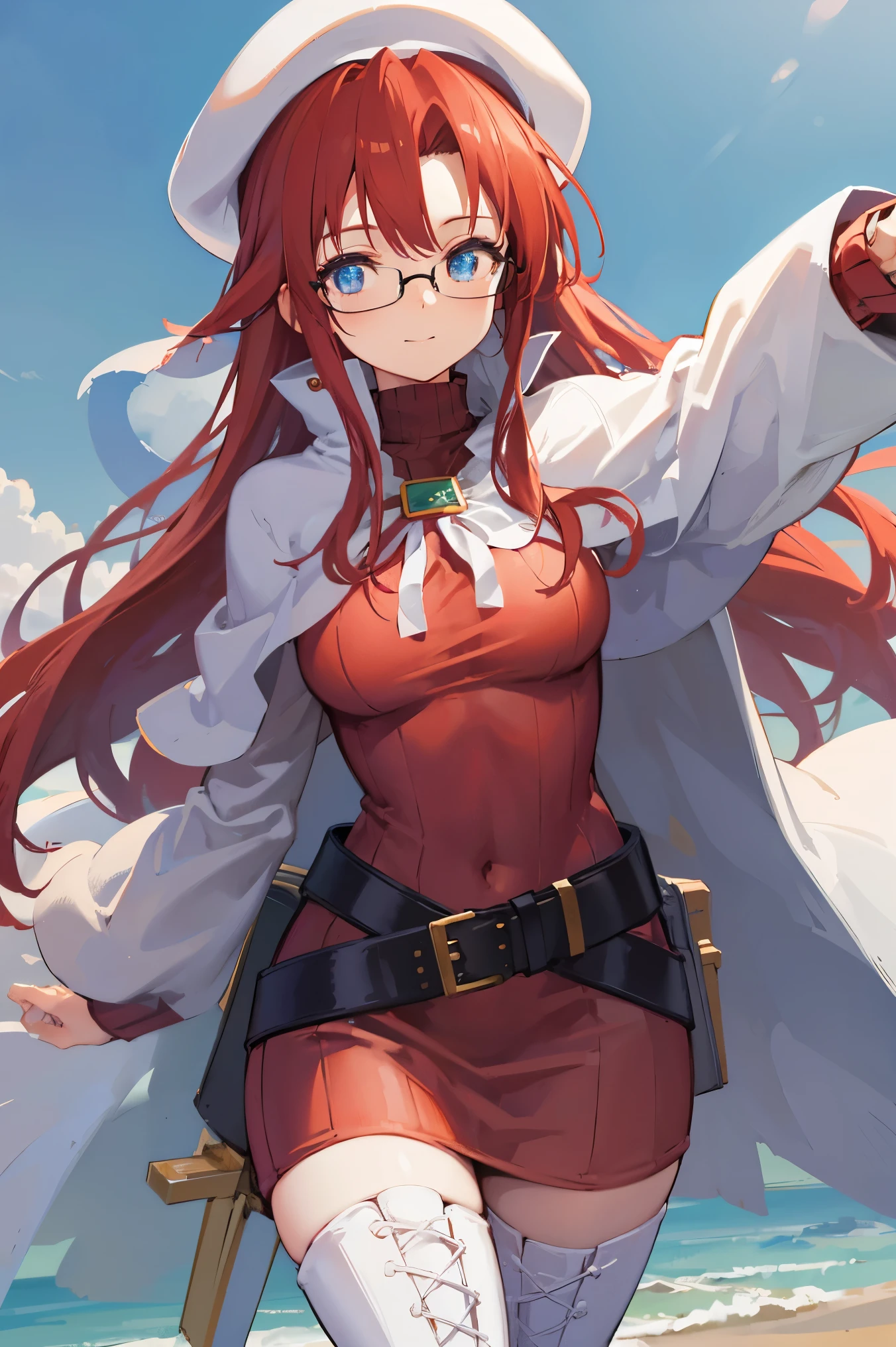 summonnightaty, aty, (young:1.3),long hair, blue eyes, red hair, large_beret, hat, glasses,
BREAK long hair, thighhighs, hat, dress, boots, glasses, belt, cape, sweater, zettai ryouiki, beret, thigh boots, white footwear, ribbed sweater, loose belt,solo,
BREAK outdoors, fantasy,on_beach
,Highquality_hads,perfect_fingers,
BREAK (masterpiece:1.2), best quality, high resolution, unity 8k wallpaper, (illustration:0.8), (beautiful detailed eyes:1.6), extremely detailed face, perfect lighting, extremely detailed CG, (perfect hands, perfect anatomy),covered_nipples,covered_navel ,half_eyes,long_sword,sleepy,standing,red_sweater,apart_knees,magical_effect,spread_legs, have_a_book,teacher,rise_knee,Smile,rise_hand,look_down_viewer,spread_arms,