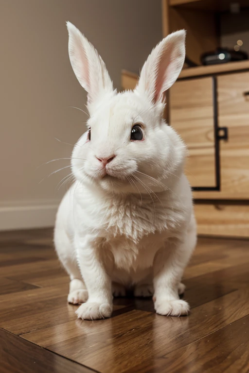 Adorable white rabbit in the style of Pixar movies, ojos furiosos, cinematic lighting, Depth detection, hiper detallado, calidad 4k