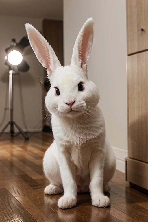 Adorable white rabbit in the style of Pixar movies, ojos furiosos, cinematic lighting, Depth detection, hiper detallado, calidad 4k