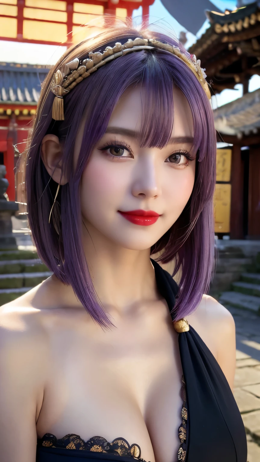 (Hyper Real), ancient shrine maiden, female shaman, giant beauty, safe, high resolution, real short hair, blonde, blonde woman, skin texture details, super high resolution, realistic, plump figure, smile, beautiful expression, small purple hair Airy long blonde hair, divine spirit, very delicate and detailed skin texture, (ancient luxury luxury temple), ancient priestess, big cleavage, plunging neckline, big red lips , (luxurious black costume and luxurious accessories)