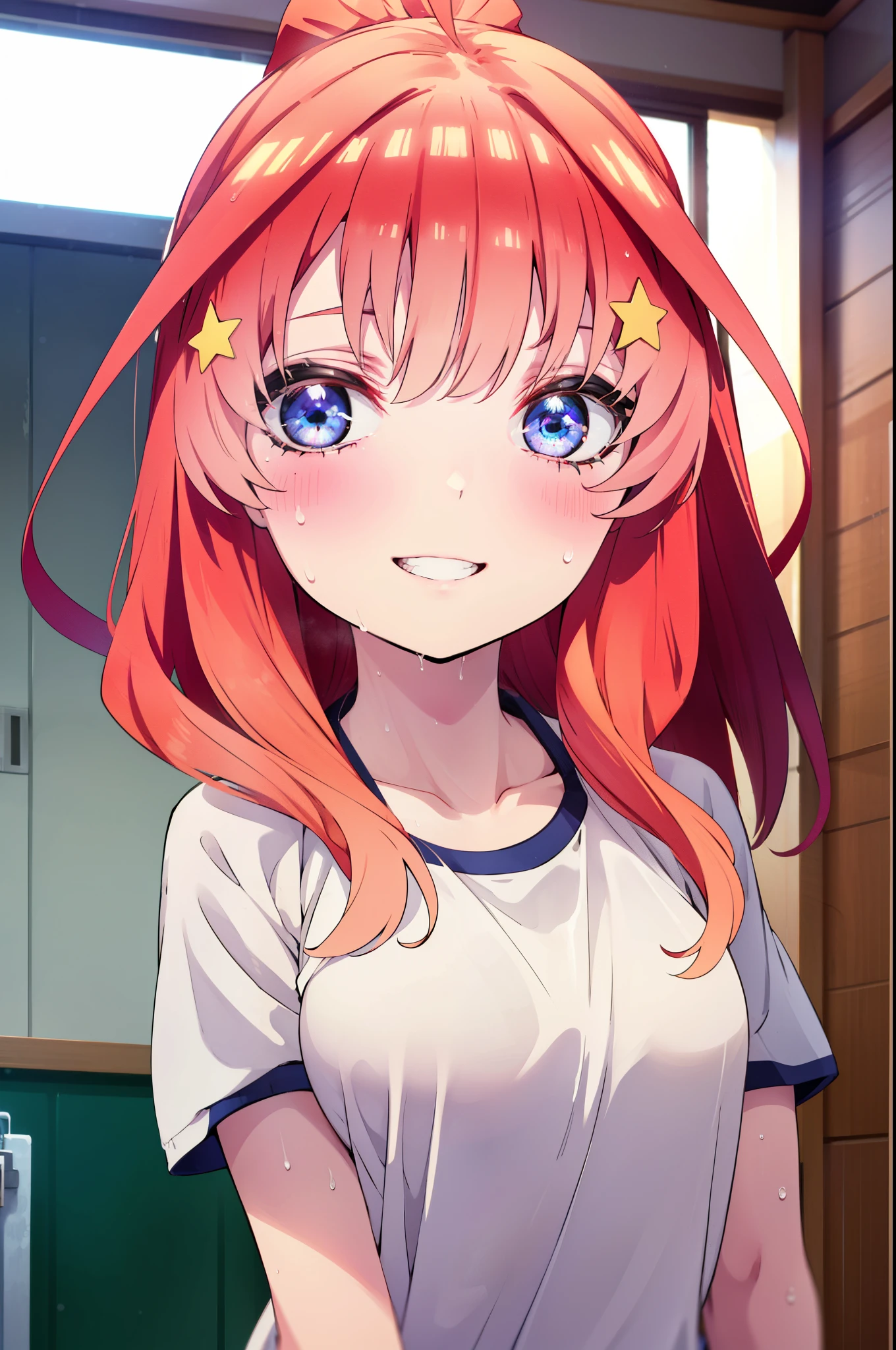 itsukinakano, Itsuki Nakano, bangs, blue eyes, Hair between the eyes, Ahoge, Redhead, star \(symbol\), hair ornaments, star hair ornaments,ponytail, smile, Grin,smile,Sweat,Wet Skin,Wet clothes,Sportswear,Bloomers,sneakers,whole bodyがイラストに入るように,Are standing,
break indoors ,School,gym,
break looking at viewer, whole body,
break (masterpiece:1.2), highest quality, High resolution, unity 8k wallpaper, (shape:0.8), (Beautiful details:1.6), Highly detailed face, Perfect lighting, Extremely detailed CG, (Perfect hands, Perfect Anatomy),