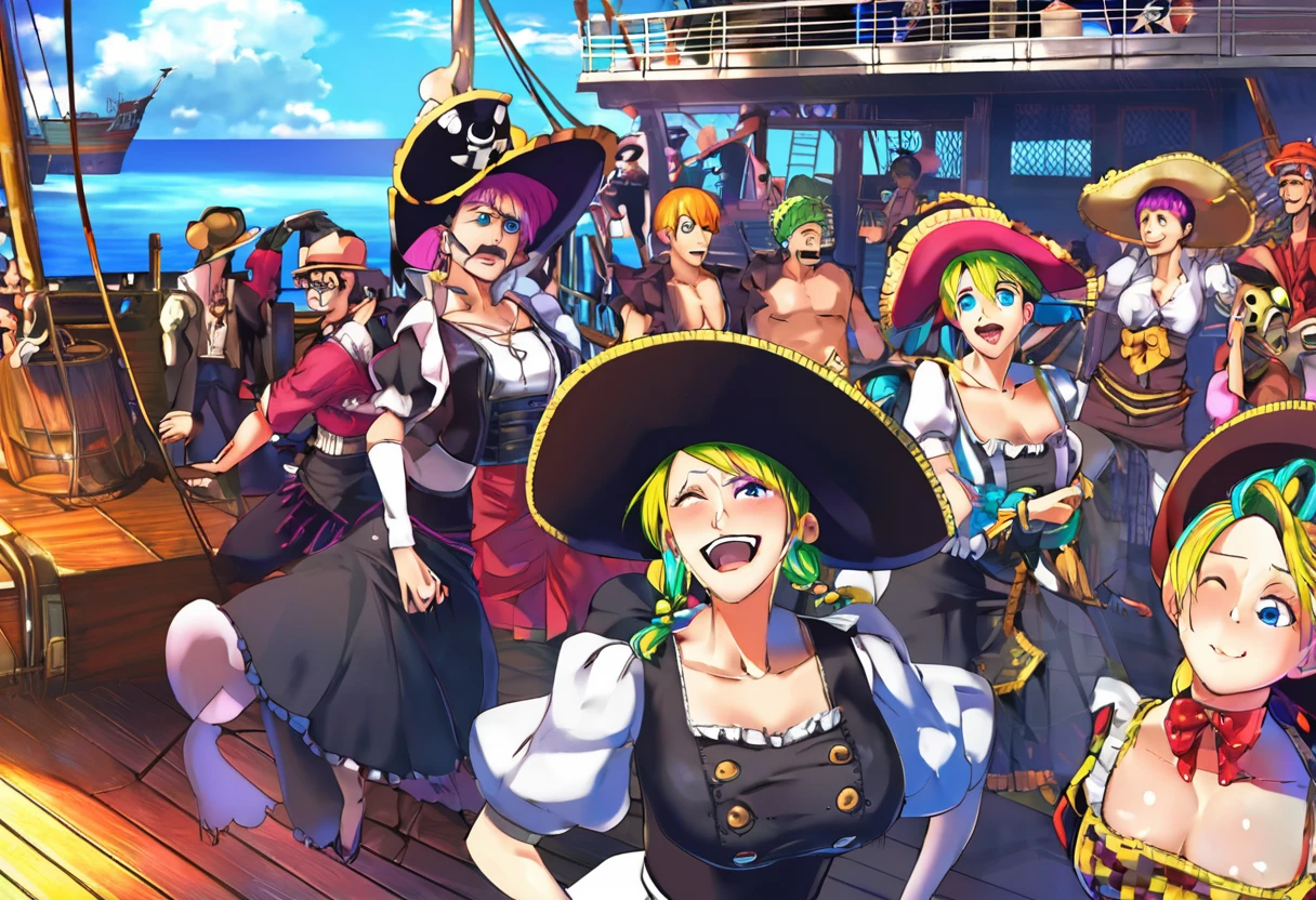 1random crew member, maid outfit, drag fashion, straw hat pirates, one piece anime, posing on ship deck, comedic, exaggerated expressions, vibrant colors, highly detailed, masterpiece, photorealistic, 8k, volumetric lighting, dramatic camera angle male contestants ham it up and flirt with the crowd. The crowd of pirates laugh and jeer.