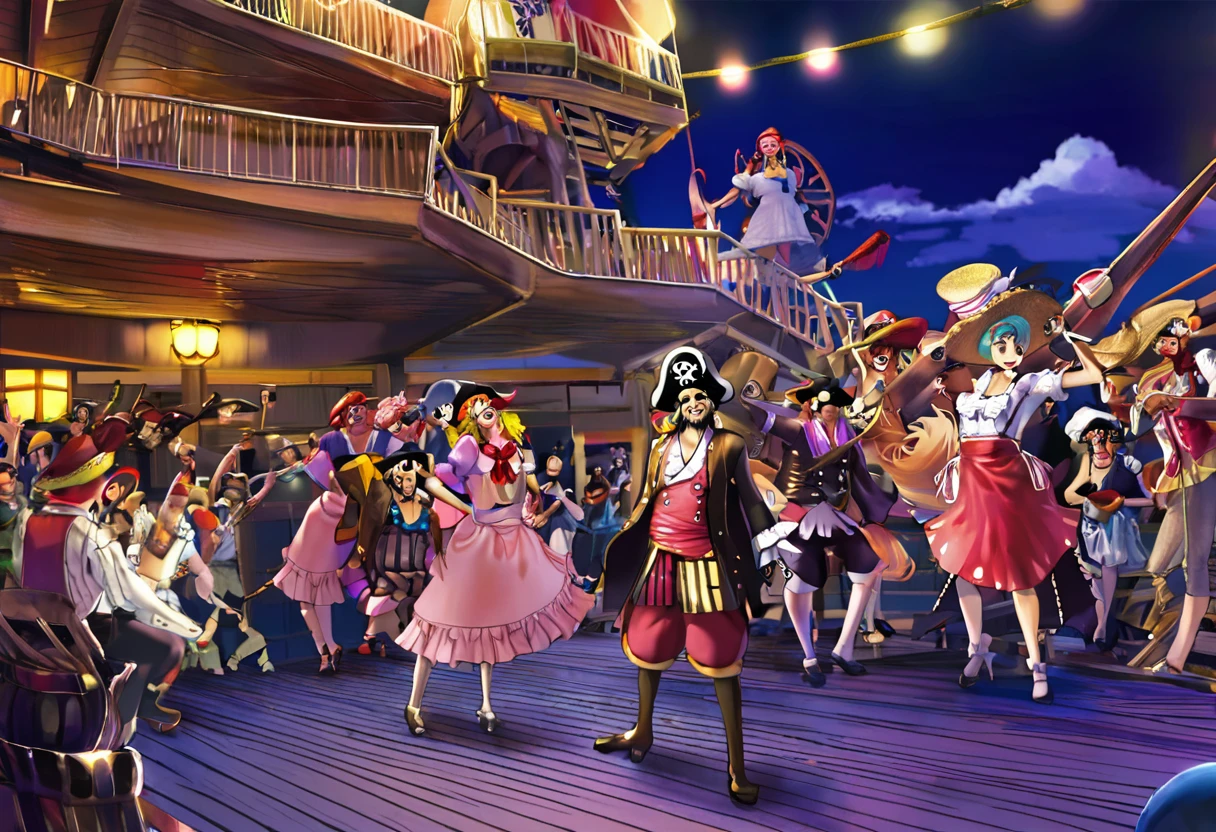 1random crew member, maid outfit, drag fashion, straw hat pirates, one piece anime, posing on ship deck, comedic, exaggerated expressions, vibrant colors, highly detailed, masterpiece, photorealistic, 8k, volumetric lighting, dramatic camera angle male contestants ham it up and flirt with the crowd. The crowd of pirates laugh and jeer.
