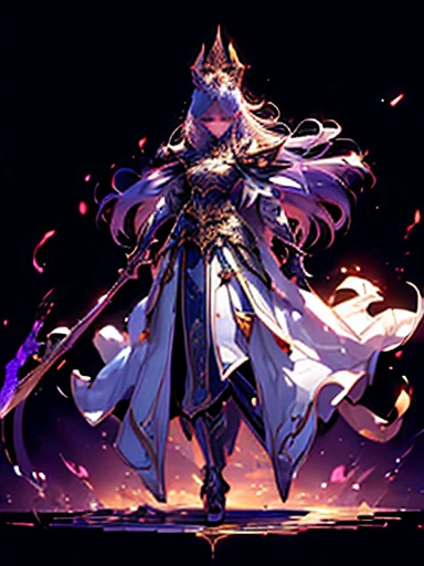 Design a layout showcase Gaming character, (1girl).
Golden+Purple clothes, stylish and unique.
((showcase weapon:1.4)), magic staff.
(masterpiece:1.2), (best quality), 4k, ultra-detailed.
(Step by step design, layout art:1.5), (luminous lighting, atmospheric lighting).
magican, ((glove full hands)), (((revealing clothes:1.3))), vambraces, armored legwear, (((full_body_shot:1.4))).