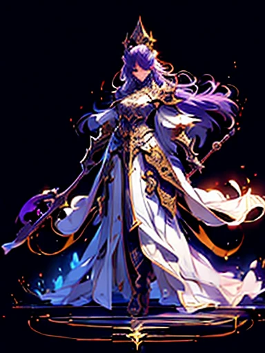 Design a layout showcase Gaming character, (1girl). 
Golden+Purple clothes, stylish and unique. 
((showcase weapon:1.4)), magic staff. 
(masterpiece:1.2), (best quality), 4k, ultra-detailed. 
(Step by step design, layout art:1.5), (luminous lighting, atmospheric lighting). 
magican, ((glove full hands)), (((revealing clothes:1.3))), vambraces, armored legwear, (((full_body_shot:1.4))). 
