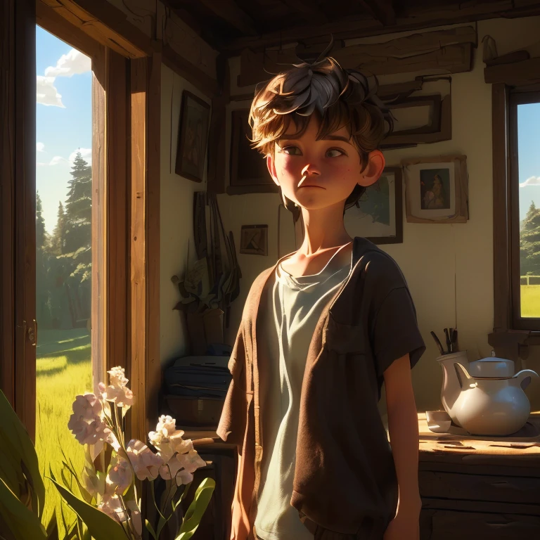 a thin bright-eyed boy,sad boy,boy in a small house,boy with his mother,a single skinny cow,(best quality,4k,8k,highres,masterpiece:1.2),ultra-detailed,(realistic,photorealistic,photo-realistic:1.37),cinematic lighting,dramatic lighting,moody lighting,dramatic shadows,emotional scene,emotional portrait,melancholy,sad expression,dejected,somber,muted colors,warm colors,earthy tones,natural lighting,natural scenery,countryside,rural setting,small house,simple interior,pastoral,realism,figurative,portrait,digital art