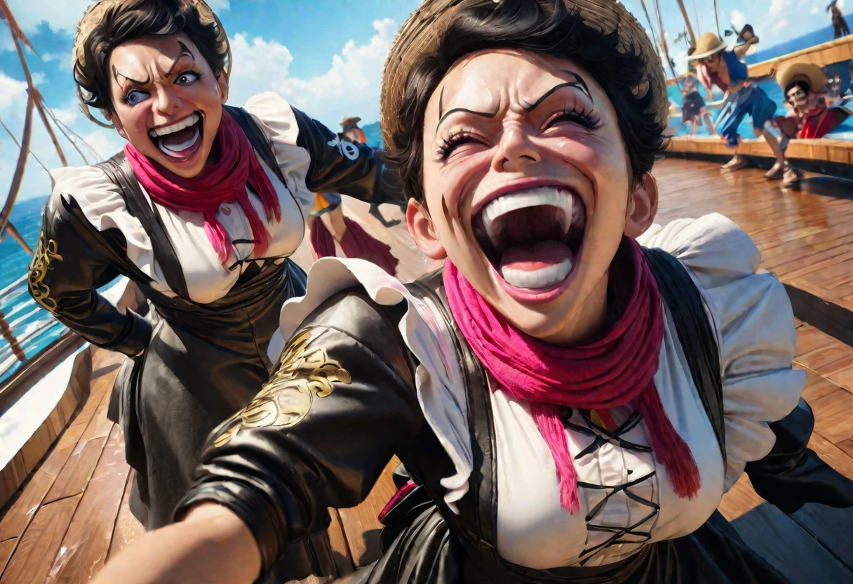 1random crew member, maid outfit, drag fashion, straw hat pirates, one piece anime, posing on ship deck, comedic, exaggerated expressions, vibrant colors, highly detailed, masterpiece, photorealistic, 8k, volumetric lighting, dramatic camera angle male contestants ham it up and flirt with the crowd. The crowd of pirates laugh and jeer.
