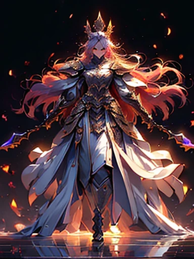 Design a layout showcase Gaming character, (1girl). 
Golden+Purple clothes, stylish and unique. 
((showcase weapon:1.4)), magic staff. 
(masterpiece:1.2), (best quality), 4k, ultra-detailed. 
(Step by step design, layout art:1.5), (luminous lighting, atmospheric lighting). 
magican, ((glove full hands)), (((revealing clothes:1.3))), vambraces, armored legwear, (((full_body_shot:1.4))). 
[Happy:0.5], [Determined:0.5], right-facing.
