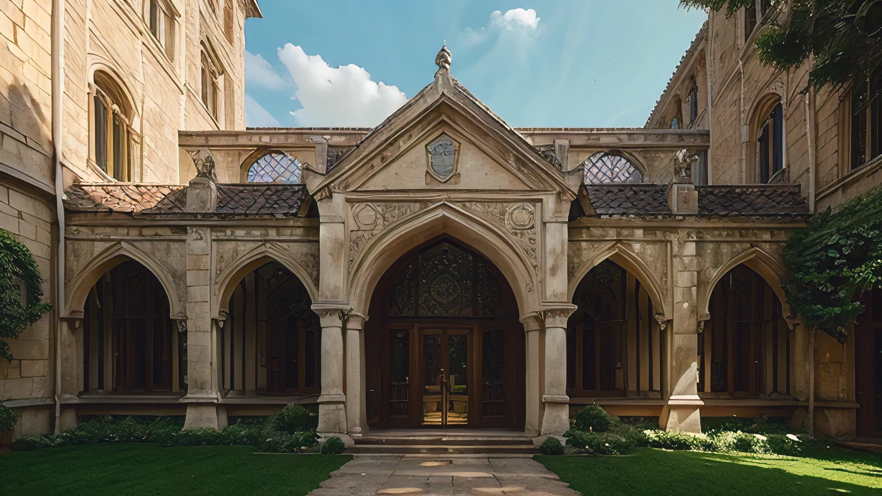 a detailed photo of an elegant Sri lanken university building, intricate architecture, stone walls, tall windows, arched entrances, ivy-covered facade, sunny day, atmospheric lighting, photorealistic, 8k, high quality, detailed textures, cinematic composition, realistic shadows, dramatic sky, serene atmosphere