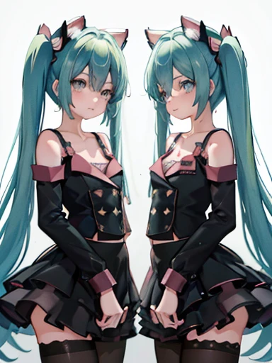 Hatsune Miku, Hatsune Miku outfit, twins, (Two Girls), cute, blush, Cat ear, High resolution, Super sharp, 8k, masterpiece