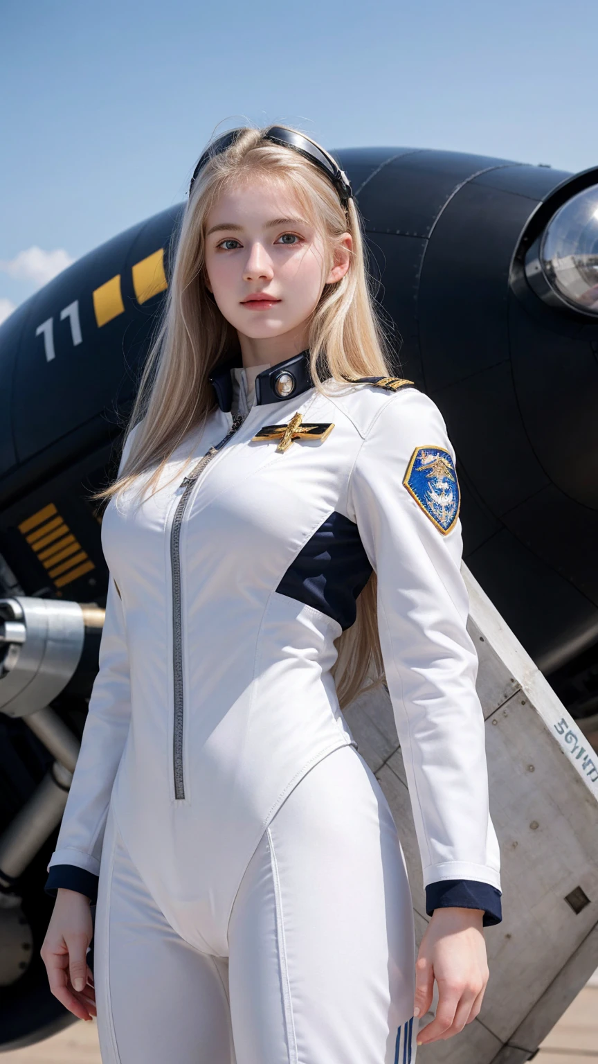 ((best quality)), photorealistic, photorealism, Photorealistic, high resolution, Beautiful, Baby Face, 17 Years Old, White Skin, pale skin, Medium breast, Combat pose, looking at the camera, (Detailed face), curtain hair, blonde hair, (wearing pilot suit, high-tech headware, mecha suit), (cloths color based on black), fullbody figure, fullbody shot, Fingers are occluded, concrete space ship background,