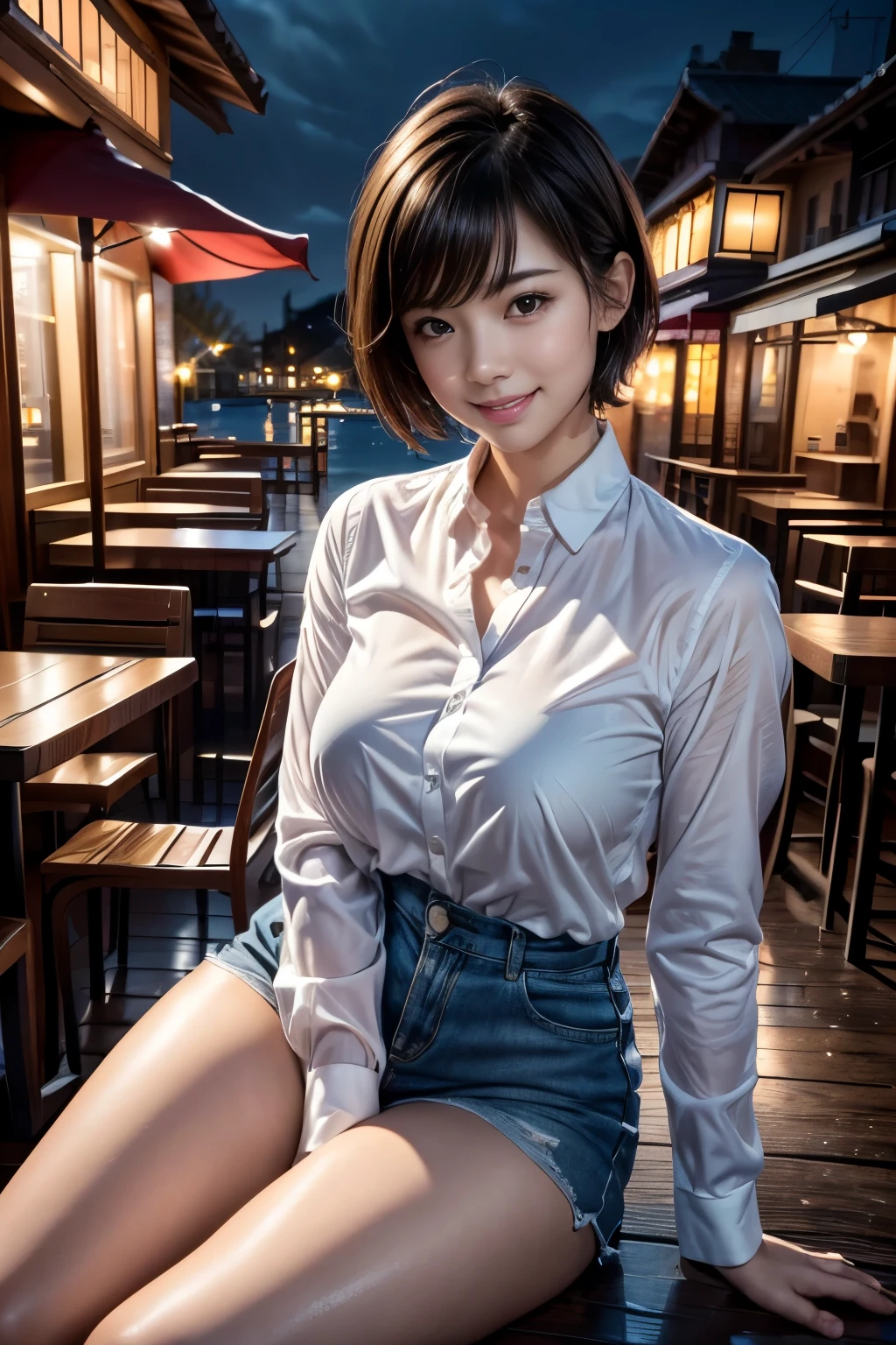(8K Raw Photo:1.5, highest quality, Masterpiece:1.2), (Realistic, photo-Realistic:1.37), Super detailed,((( 1 girl))),alone、Beautifully detailed skies、Detailed cafe、night、Sitting,Date,(Red nose),(smile:1.15),(Mouth closed) Small breasts,Beautiful fine details,Eye highlights,(shirt:1.1)、night,After the rain,Wet,白いshirt,(short hair:1.2),Floating hair NovaFrogStyle、((whole body)),Adorable,cute,Charming、