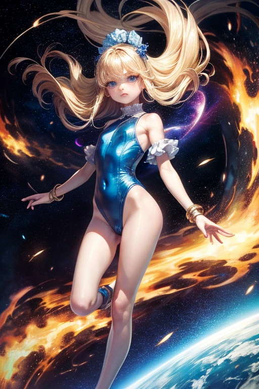 masterpiece, highest quality, High resolution, One girl, alone, Superhero, leotard, barefoot, boots, matching boots, aura, blue aura, No sleeve, gloves, bracelet, matching gloves, View Viewer, Particles of light, Space Background, Perfect hands, Perfect Eyes, Power ups, perfect leotard, Perfect Legs, Perfect Arms, Perfect Fingers, blue and white leotard, Blonde Hair, blue eyes, Medium chest, Long Hair, spinning, tornado spin, Whirlwind Spin, Wind particles, Vortex of Light, tornado, Hurricane Rotation, time travel, tornado winds, Cyclone Spin, Are standing,