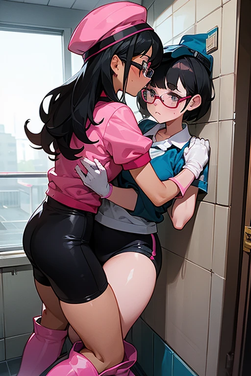 A pair of ugly  girls with black hair and glasses wearing short-sleeved gym uniforms, white rubber boots, oversized pink rubber gloves, and gym caps on their heads, cleaning the dirty public toilets at school while making love to each other.