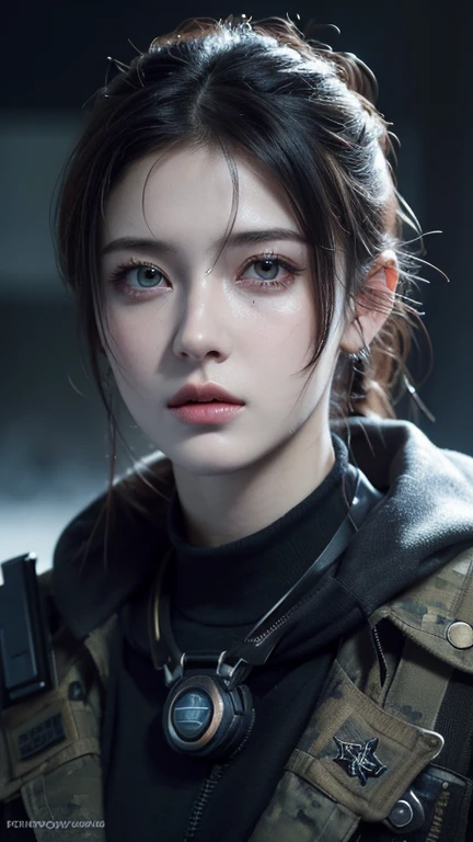 Masterpiece,best quality,High resolution,8ก,(a portrait photo:1.5),(Roriginal photo),Real photos,digital photography,(A mix of cyberpunk and fantasy styles.),(female soldier),20 year old girl,Random hairstyle,smoothly,(conjunctivitis, decorations,Keep someone's mouth shut.,elegant and charming,Serious and arrogant,Calm and handsome,(Cyberpunk combined with fantasy style clothing.,openwork design,joint armor,Combat suit place your navel,Posing for pictures,Realistic style,gray earth background,oc render reflection textures