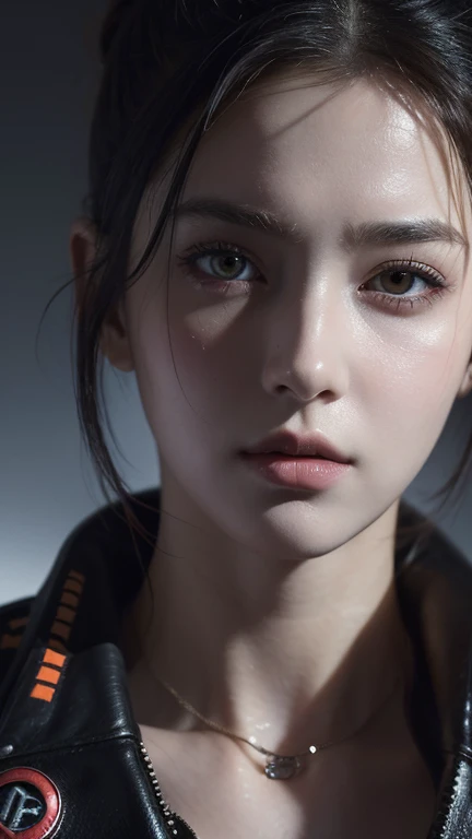 Masterpiece,best quality,High resolution,8ก,(a portrait photo:1.5),(Roriginal photo),Real photos,digital photography,(A mix of cyberpunk and fantasy styles.),(female soldier),20 year old girl,Random hairstyle,smoothly,(conjunctivitis, decorations,Keep someone's mouth shut.,elegant and charming,Serious and arrogant,Calm and handsome,(Cyberpunk combined with fantasy style clothing.,openwork design,joint armor,Combat suit place your navel,Posing for pictures,Realistic style,gray earth background,oc render reflection textures