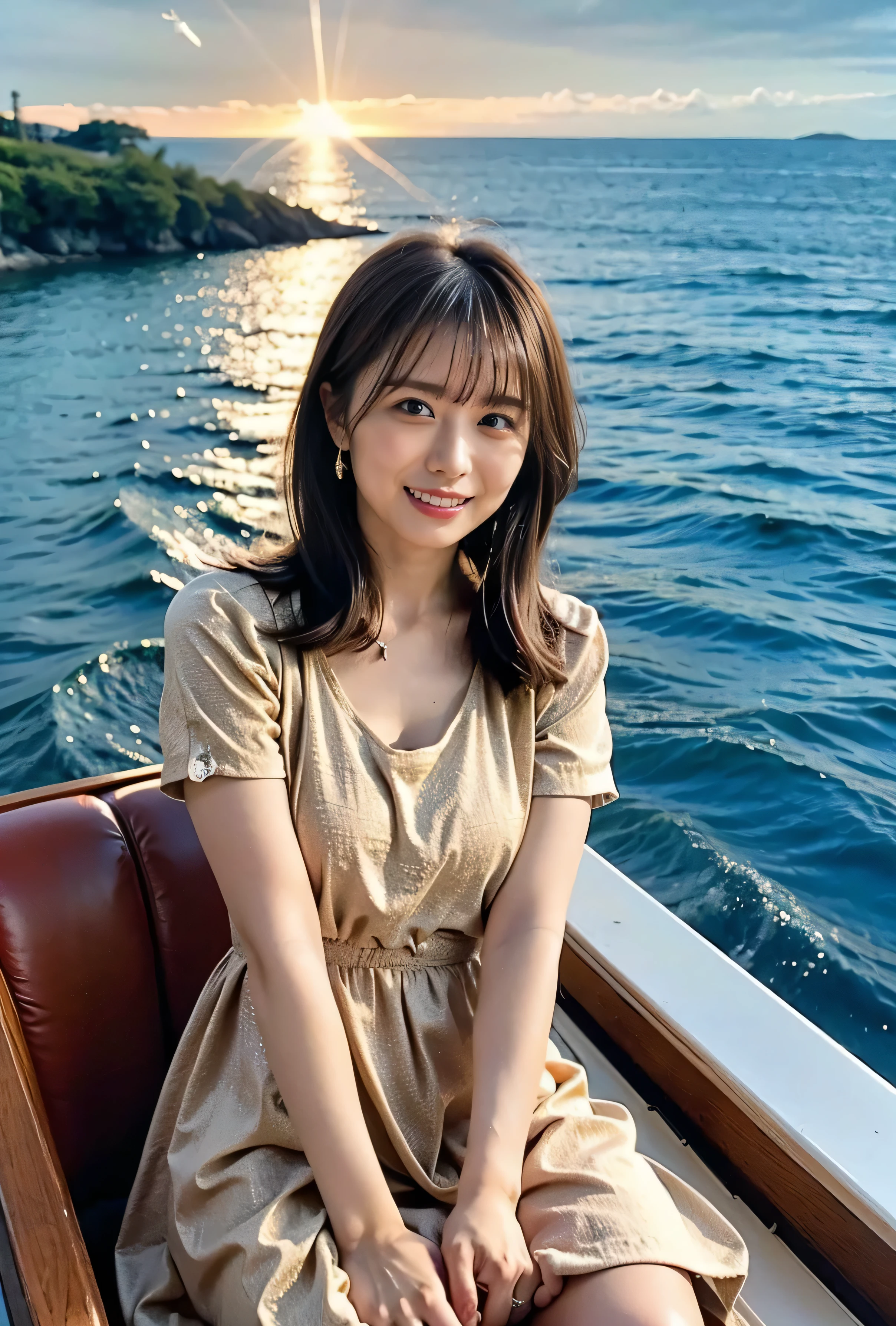 Side Ponytail、Brown Hair、The sky was dyed red、A woman in a cute outfit is sitting on a boat and watching the sunset、Her huge breasts are obvious even through her clothes.、The shining sun is so beautiful、Dusk is coming、Lens flare、I can see the sun setting、((Sunlight reflecting off the ocean、Ocean View、The sun shines on the sea、'beautiful.、Small earrings、It'evening、Birds are also flying、、Brown Hair Color、Tie your hair、The woman is on the right:1.4))、Luxury Leather Belts、Shiny clothes、Light beige hair color、Background Blur、Braid only the front hair、Light brown hair、{{Cowgirl Shot}}、((Close-up shot from the waist up、Big Breasts:1.4))、Big Breasts、Smile、Silk clothing、Big Breasts that can be seen even through clothes、Braid only the front hair、Cowboy Shot、Gorgeous white collared silk shirt and brown skirt、Dress elegantly、Luxury Bags、A lovely smile、((airplane in the background、I'Coming to the airport))、Full body photo、ring、Short skirt、Tuck your hair behind one ear、Silver Necklace、smile、 Elegant ponytail、Caustics、Highly detailed photos、Very beautiful and ideal short hair、Big Breasts、Super no makeup、(8k、RAW Photos、highest quality、masterpiece:1.2)、(Realistic、Realistic)、1 girl、((Big Breastsショートヘア、Looking into the camera:1.4))、Hair blowing in the wind